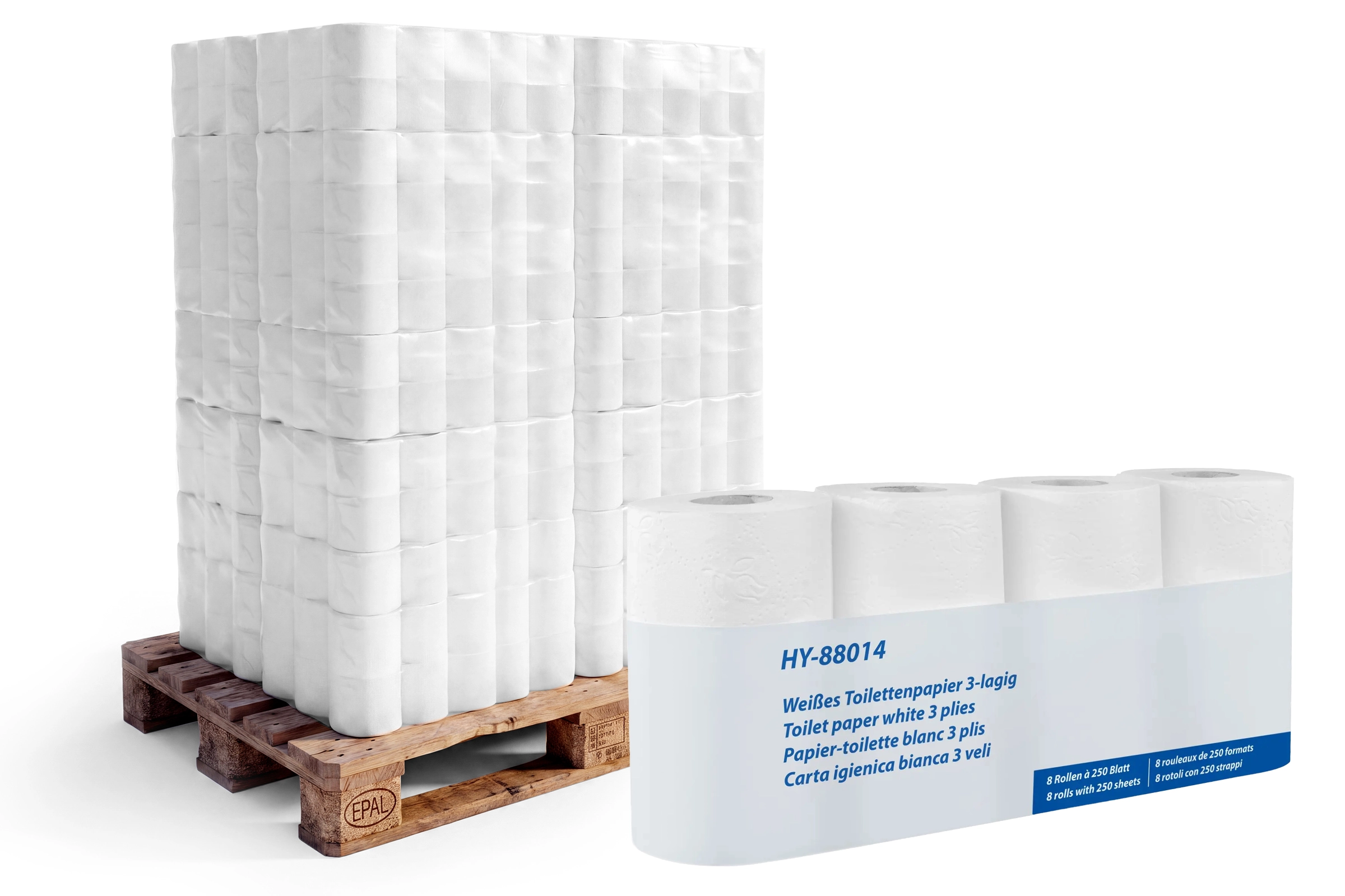 HY-88014-33 Toilettenpapier 3-lagig, 250 Blatt, Zellstoff hochweiß, 7 x 8 RollenLieferumfang: 1 Palette = 231 VE x 8 Rollen