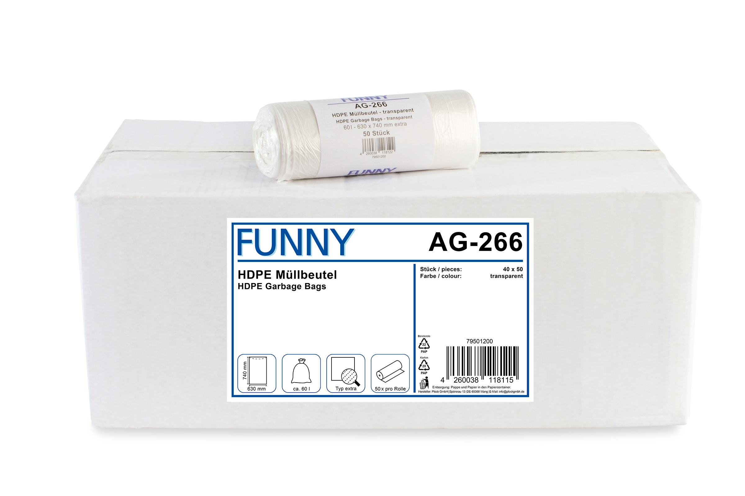 AG-266 HDPE Müllbeutel, extra, natur, 60 l, 630 x 740 mm, 40 Rollen à 50 Stück