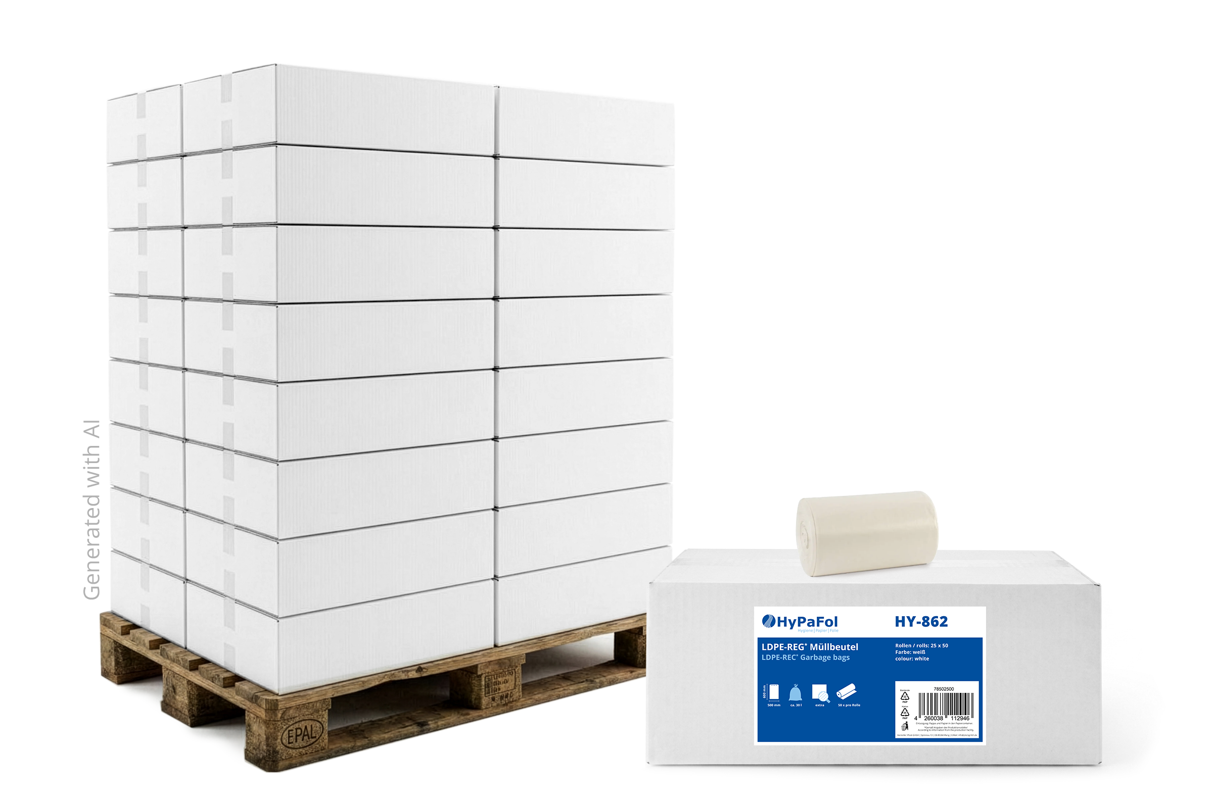 HY-862-66 LDPE-Regenerat Müllbeutel, weiß extra, ca. 30 l, 500 x 600 mm, 1.250 StückLieferumfang: 1 Palette = 66 VE x 25 Rollen x 50 Stück
