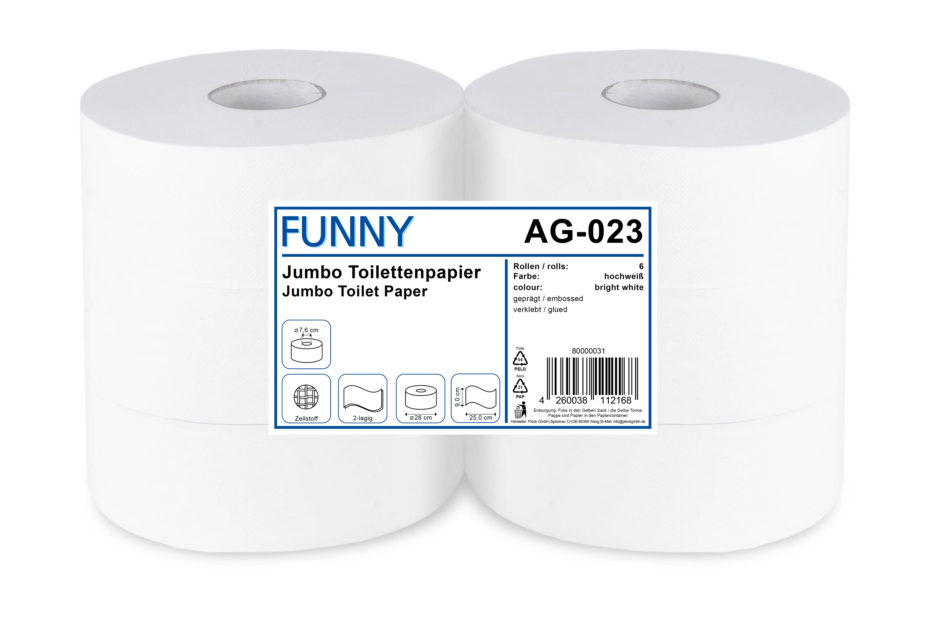 AG-023 Jumbo-Toilettenpapier MAXI, 2-lagig, Ø 28 cm, Zellstoff, 6 Rollen