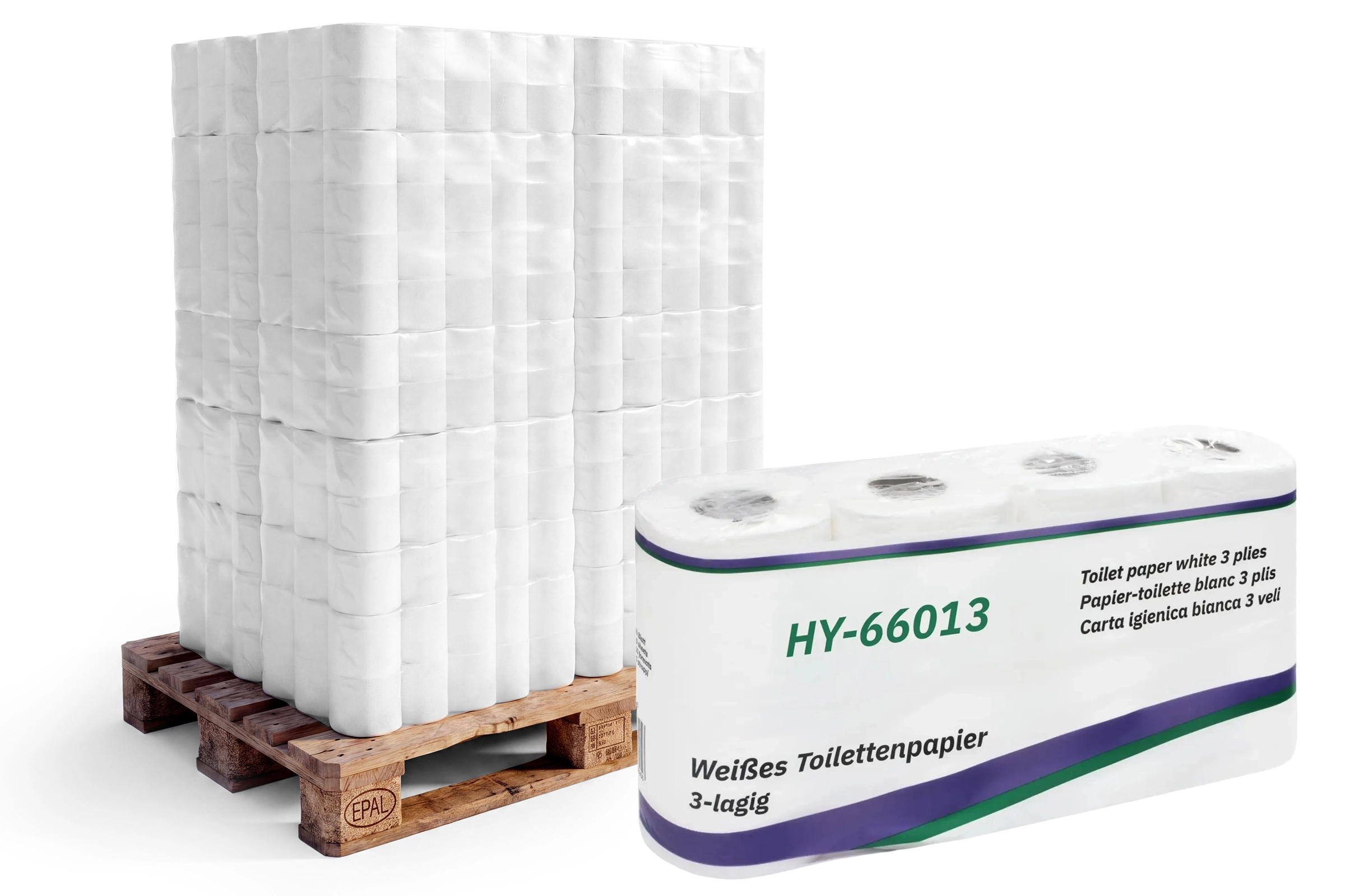 HY-66013-22 Toilettenpapier 3-lagig, 150 Blatt, Zellstoff hochweiß, 12 x 8 RollenLieferumfang: 1 Palette = 264 VE x 8 Rollen