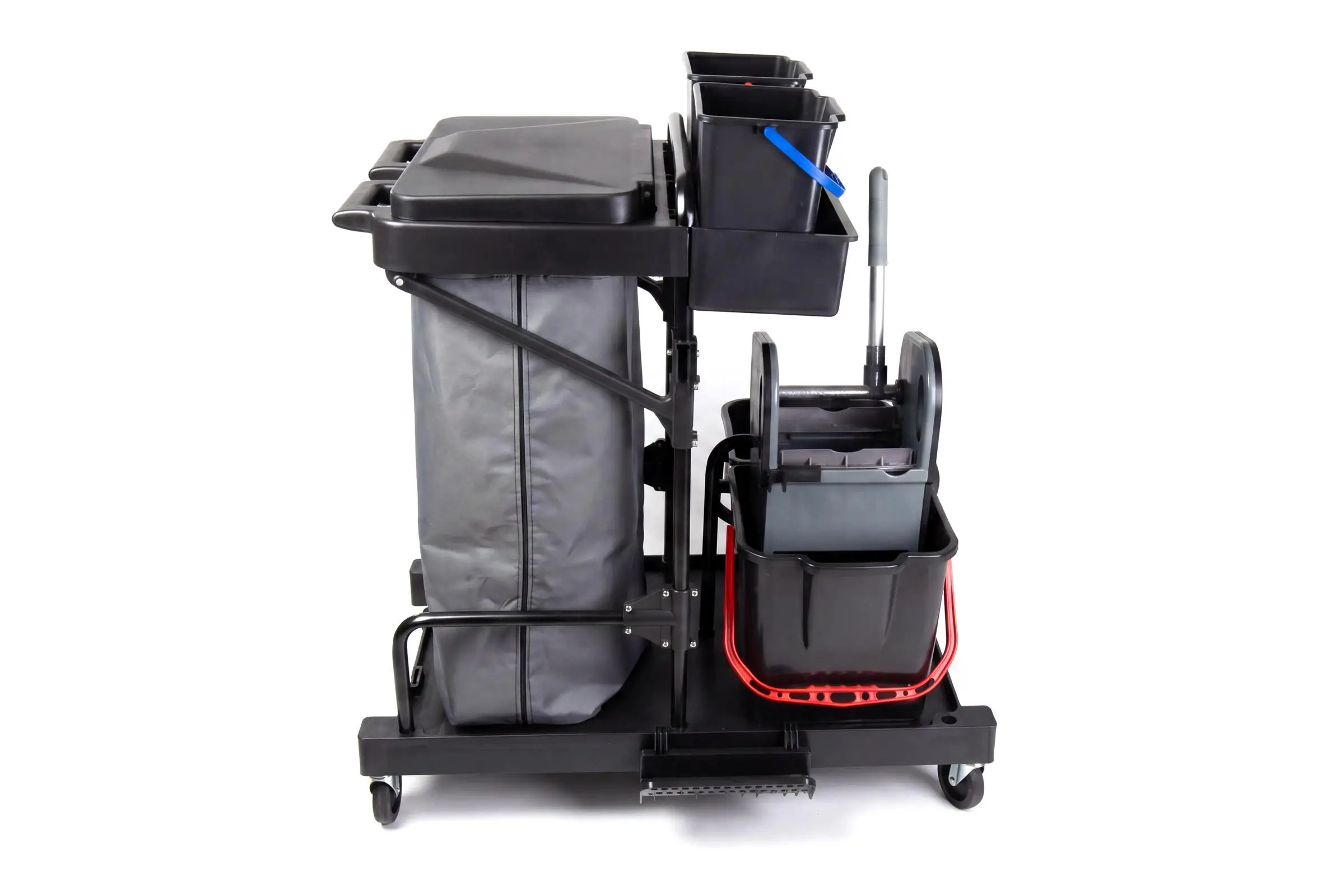 HY-2106 Reinigungswagen mit 2 x 6 l und 2 x 18 l Eimer, Mopp-Presse,Mophalterung + Ablage, Utensilbehälter, 120 l Abfallsackhalter mit Leinensack