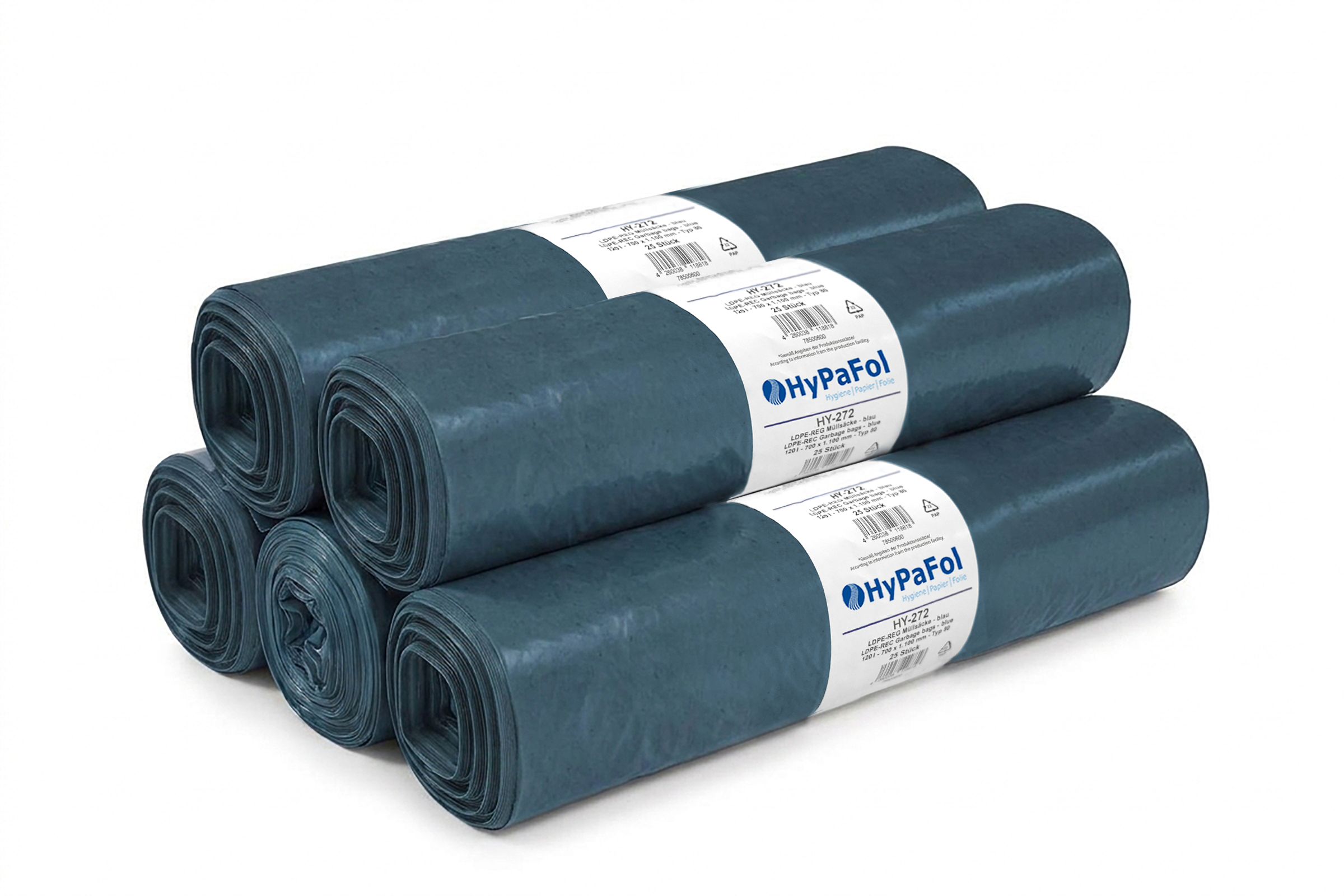 HY-272-5 LDPE-Reg. Müllsacke, blau, Typ 80, 120l, 700 x 1.100mm, 5 Rollen à 25 Stück