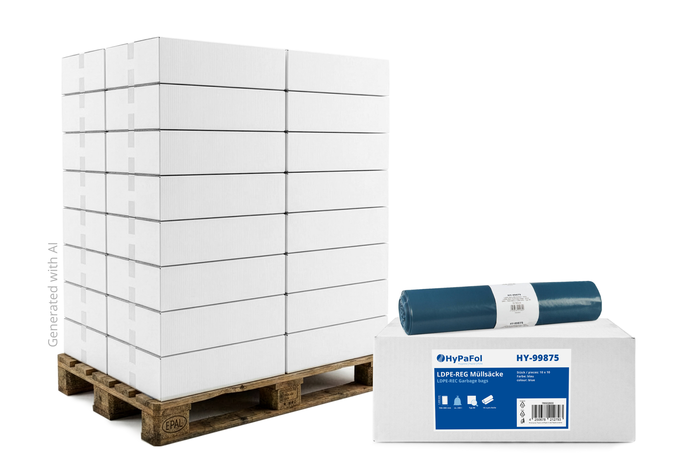 HY-99875-60 LDPE-Regenerat Müllsäcke, blau, Typ 80, 240 l, 700+300 x1.250 mm, 100 Stück, Lieferumfang: 1 Palette = 60 x 10 Rollen x 10 Stück