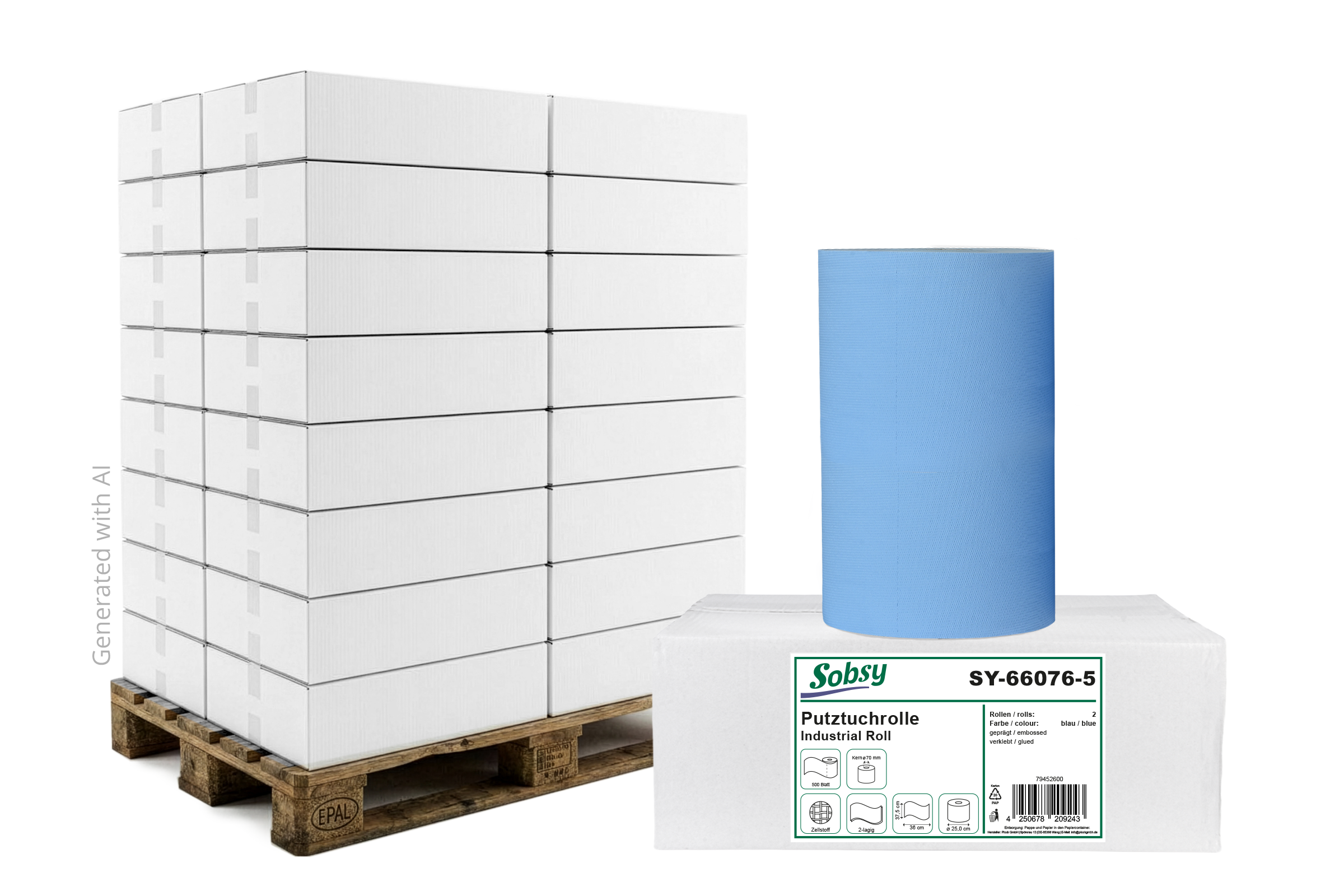 SY-66076-5-30 Industrierolle 37,5 cm, 2-lagig, blau, 2 Rollen à 500 Blatt/Karton, Lieferumfang: 1 Palette = 30 VE x 2 Rollen
