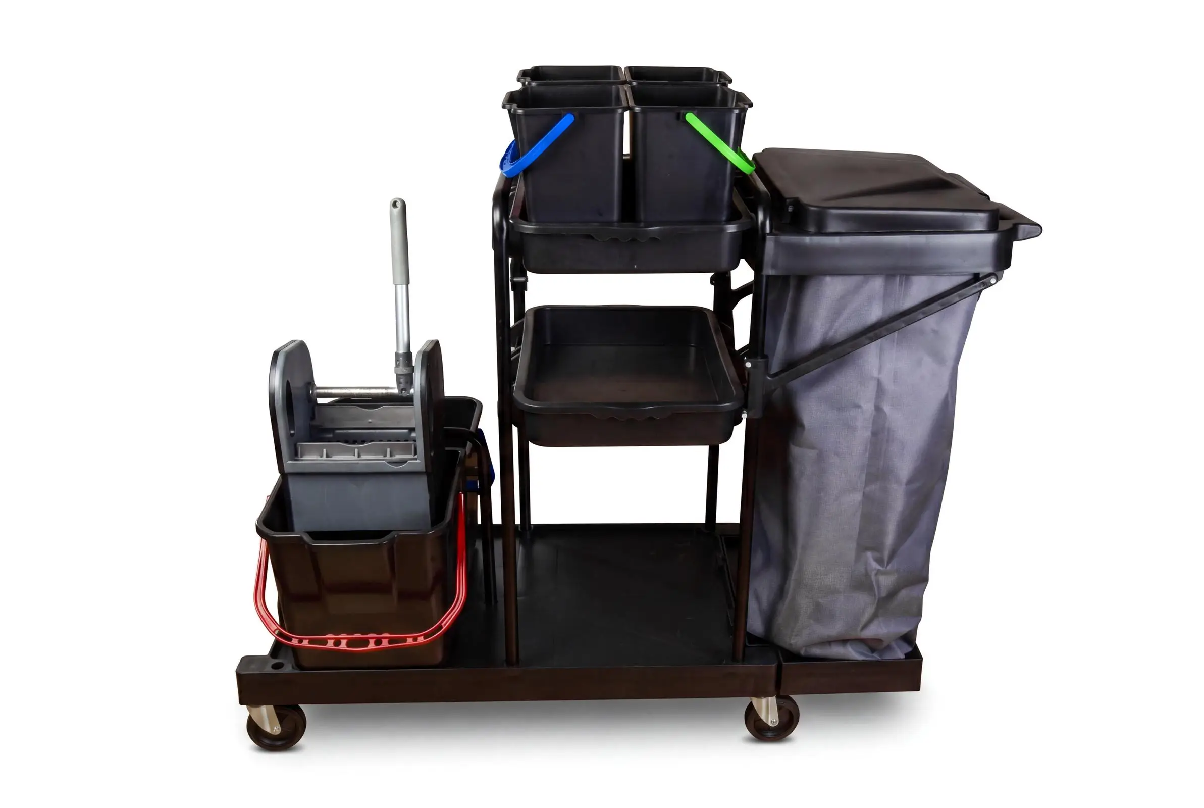 HY-2107 Reinigungswagen mit 4 x 6 l und 2 x 18 l Eimer, Mopp-PresseMophalterung + Ablage, Utensilbehälter, 100l Leinentasche