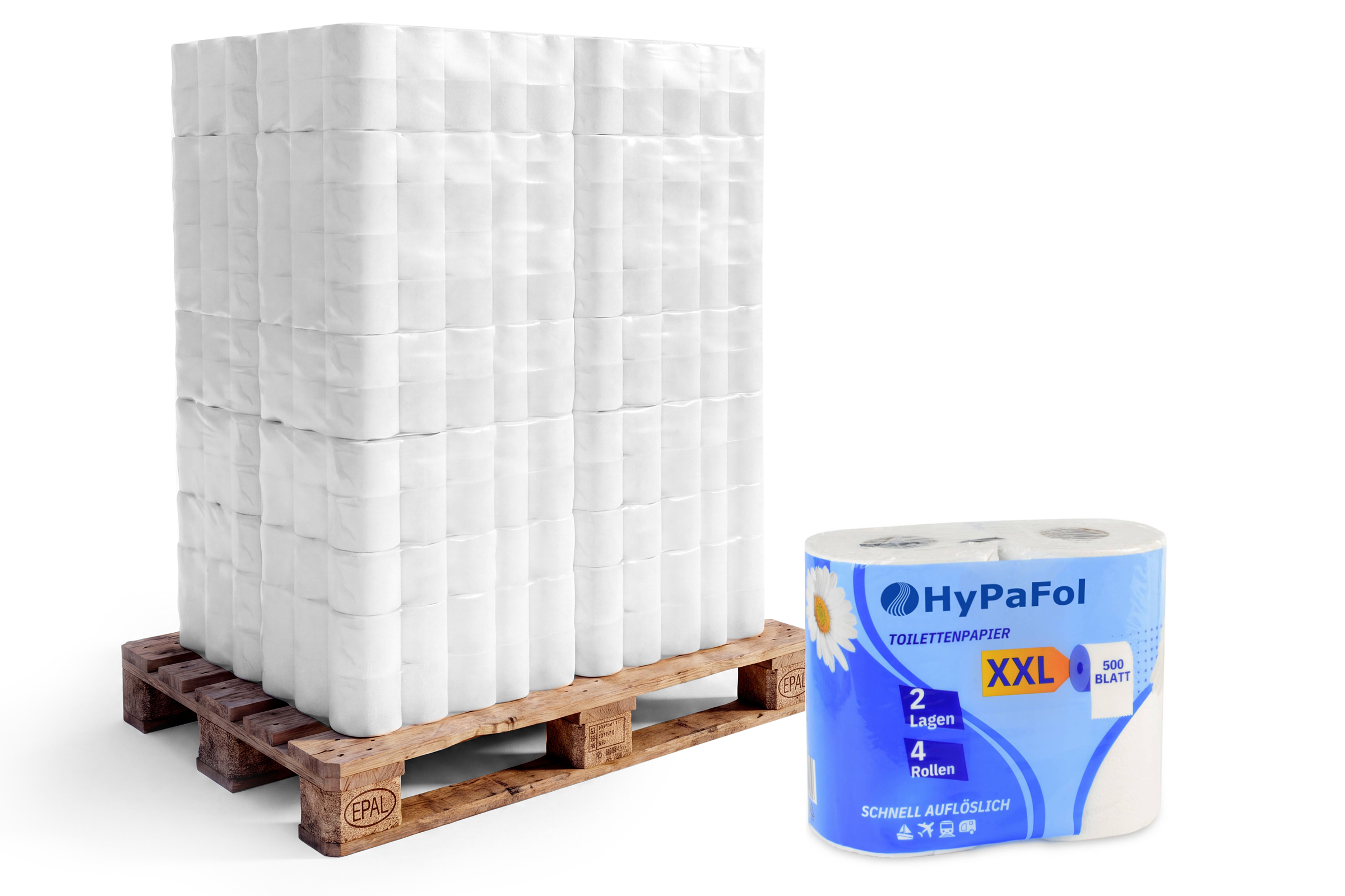 HY-500-44 Toilettenpapier 2-lagig, 500 Blatt, Zellstoff weiß, 10 x 4 Rollen, schnell auflösend, Lieferumfang: 1 Palette = 44 VE x 4 Rollen