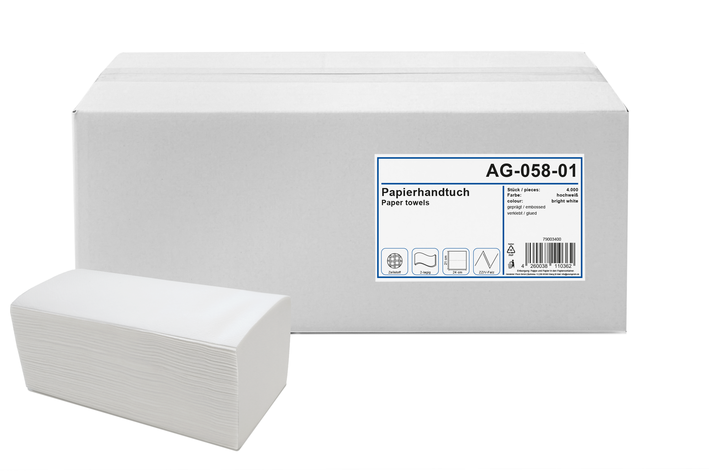HY-058-01-32 Papierhandtuch, V-Falz, 2-lagig, Zellstoff hochweiß, 24 x 21 cm, 4.000 Blatt, ohne Logo, Lieferumfang: 1 Palette = 32 VE x 4000 Blatt