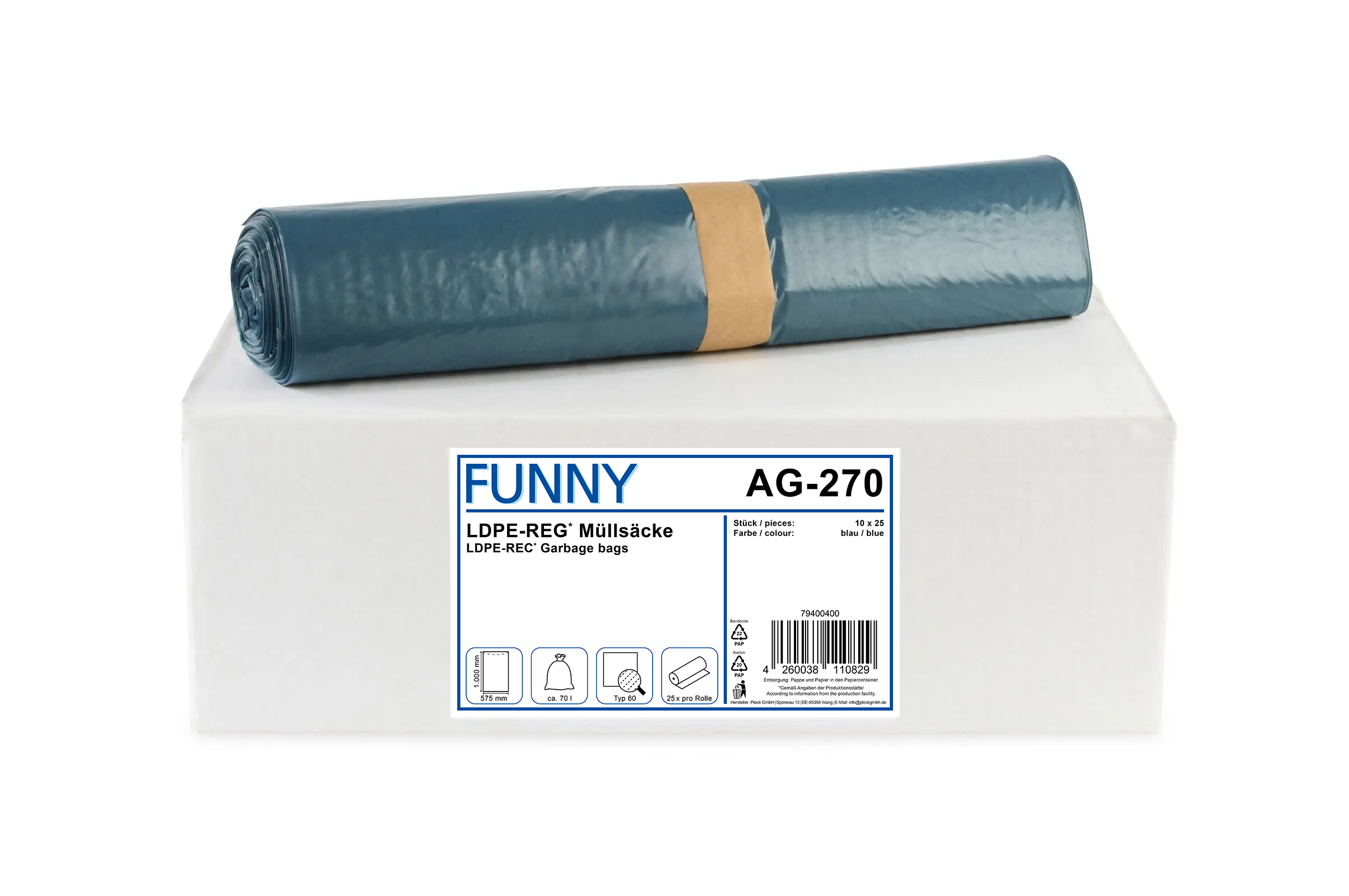 AG-270 LDPE-Regenerat Müllsäcke, blau, Typ 60, 70 l,575 x 1.000 mm, 10 Rollen à 25 Stück