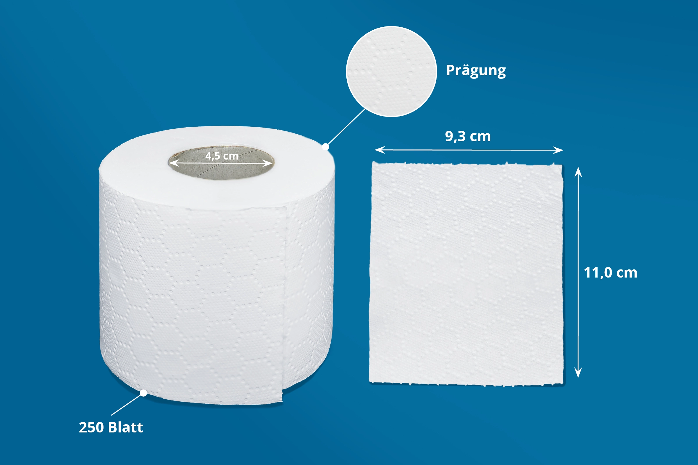 HY-77014-33 Toilettenpapier 3-lagig, 250 Blatt, Zellstoff weiß, 8 x 8 RollenLieferumfang: 1 Palette = 264 VE x 8 Rollen