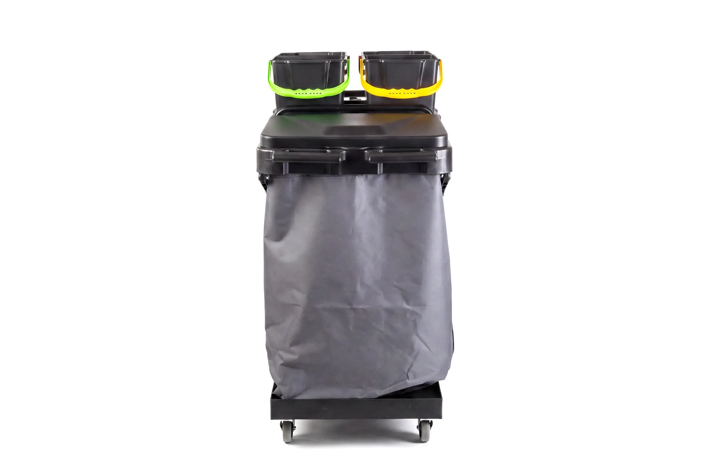 HY-2107 Reinigungswagen mit 4 x 6 l und 2 x 18 l Eimer, Mopp-PresseMophalterung + Ablage, Utensilbehälter, 100l Leinentasche