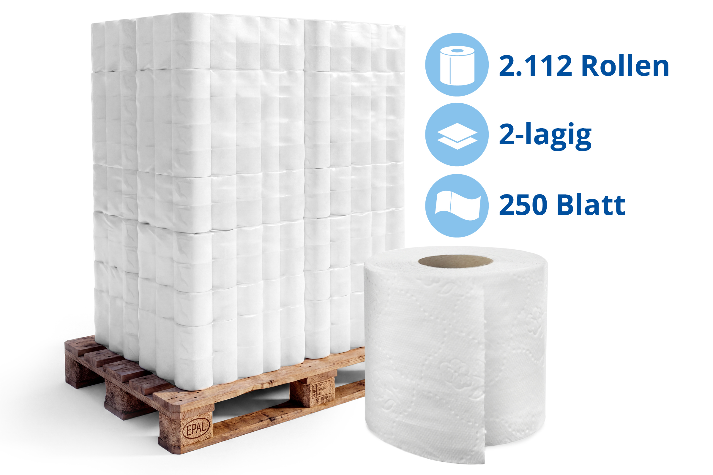 HY-99034-33 Toilettenpapier 2-lagig, 250 Blatt, Zellstoff weiß, 8 x 8 Rollen,Lieferumfang: 1 Palette = 264 VE x 8 Rollen