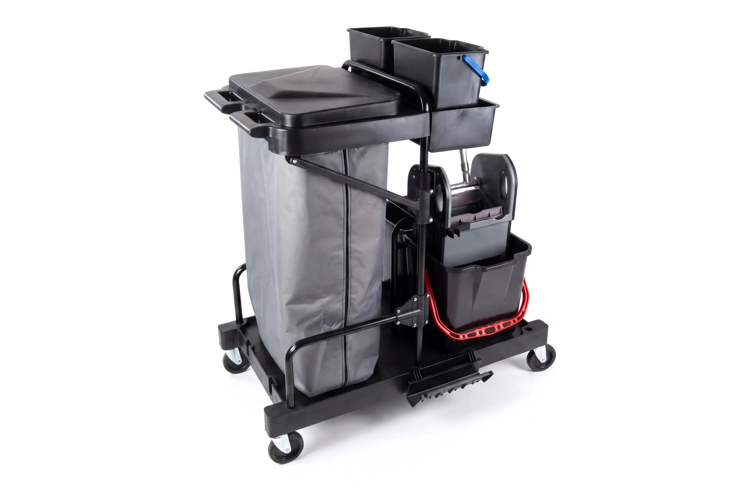 HY-2106 Reinigungswagen mit 2 x 6 l und 2 x 18 l Eimer, Mopp-Presse,Mophalterung + Ablage, Utensilbehälter, 120 l Abfallsackhalter mit Leinensack
