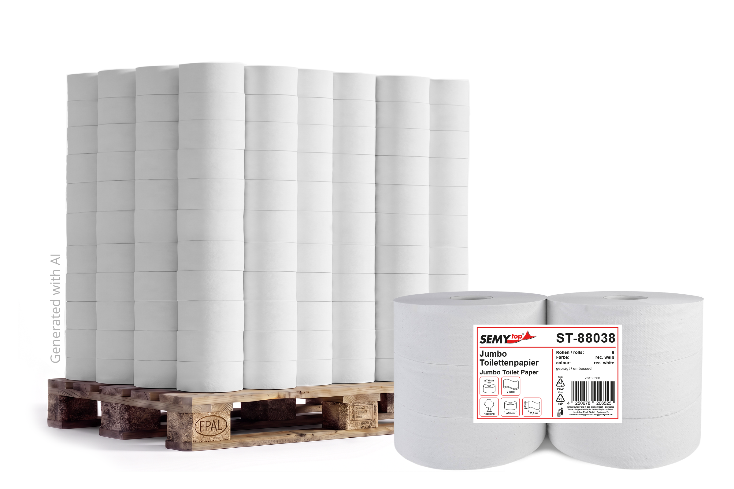 ST-88038-48 Jumbo-Toilettenpapier, 2-lagig, recycling weiß, Ø 28 cm, 6 Rollen, Lieferumfang: 1 Palette = 48 VE x 6 Rollen