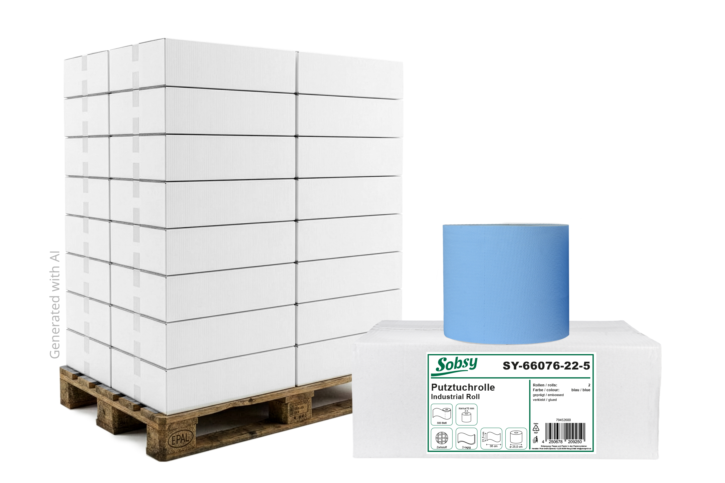 SY-66076-22-5-54 Industrierolle 22 cm, 2-lagig, blau, 2 Rollen à 500 Blatt/Karton, Lieferumfang: 1 Palette = 54 VE x 2 Rollen