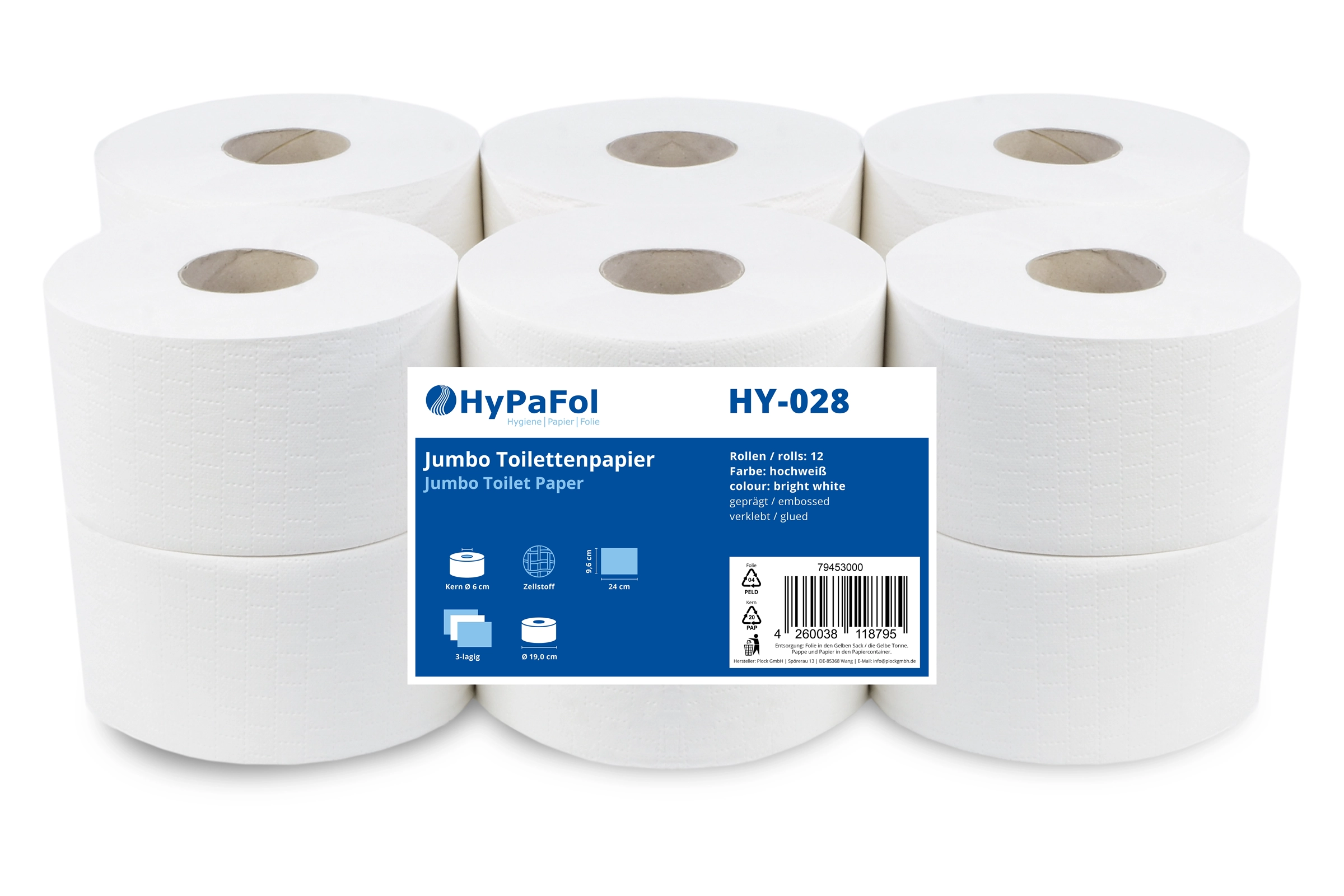 HY-028 Jumbo-Toilettenpapier, 3-lagig, Zellstoff weiß, Ø 19 cm, 12 Rollen