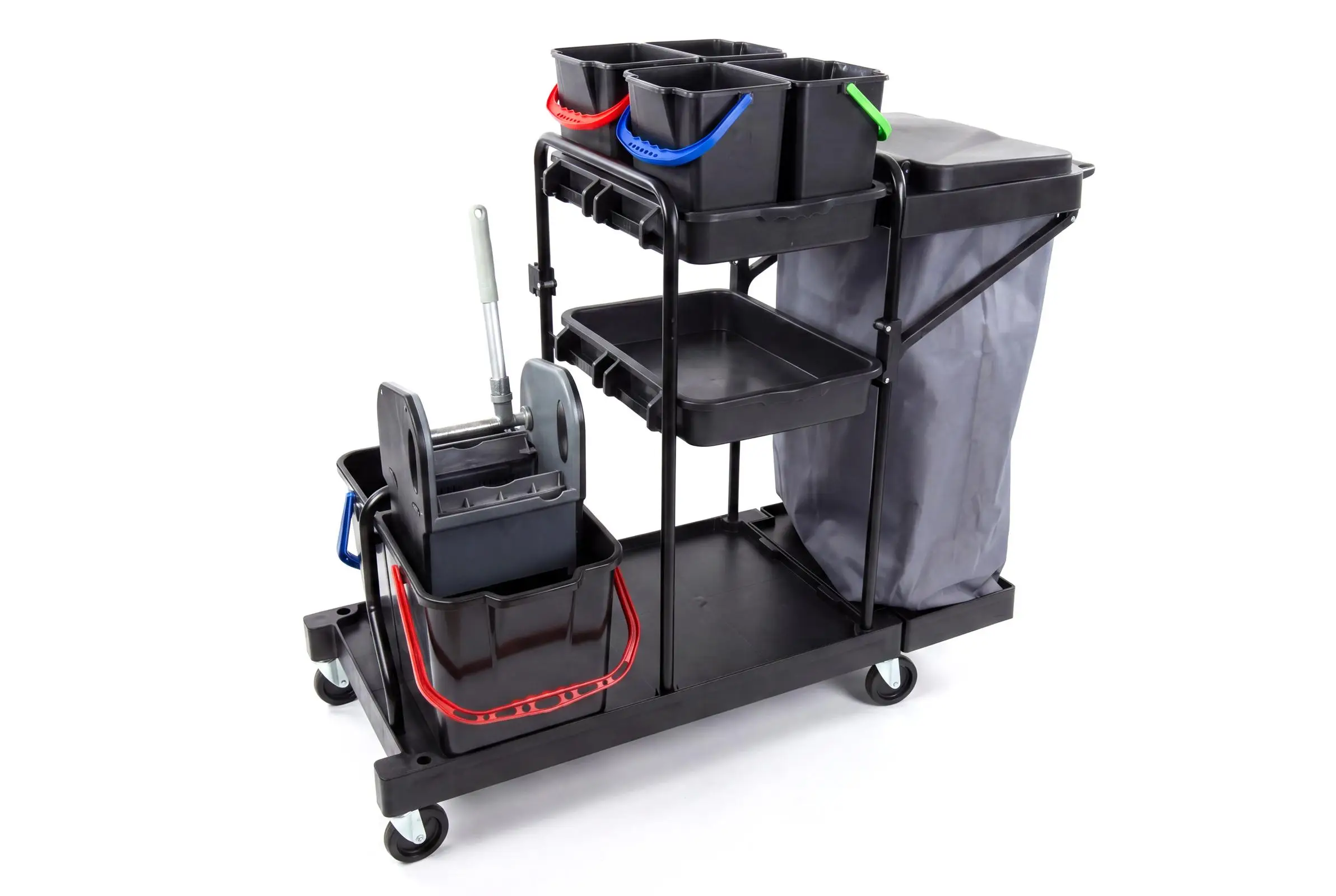 HY-2107 Reinigungswagen mit 4 x 6 l und 2 x 18 l Eimer, Mopp-PresseMophalterung + Ablage, Utensilbehälter, 100l Leinentasche
