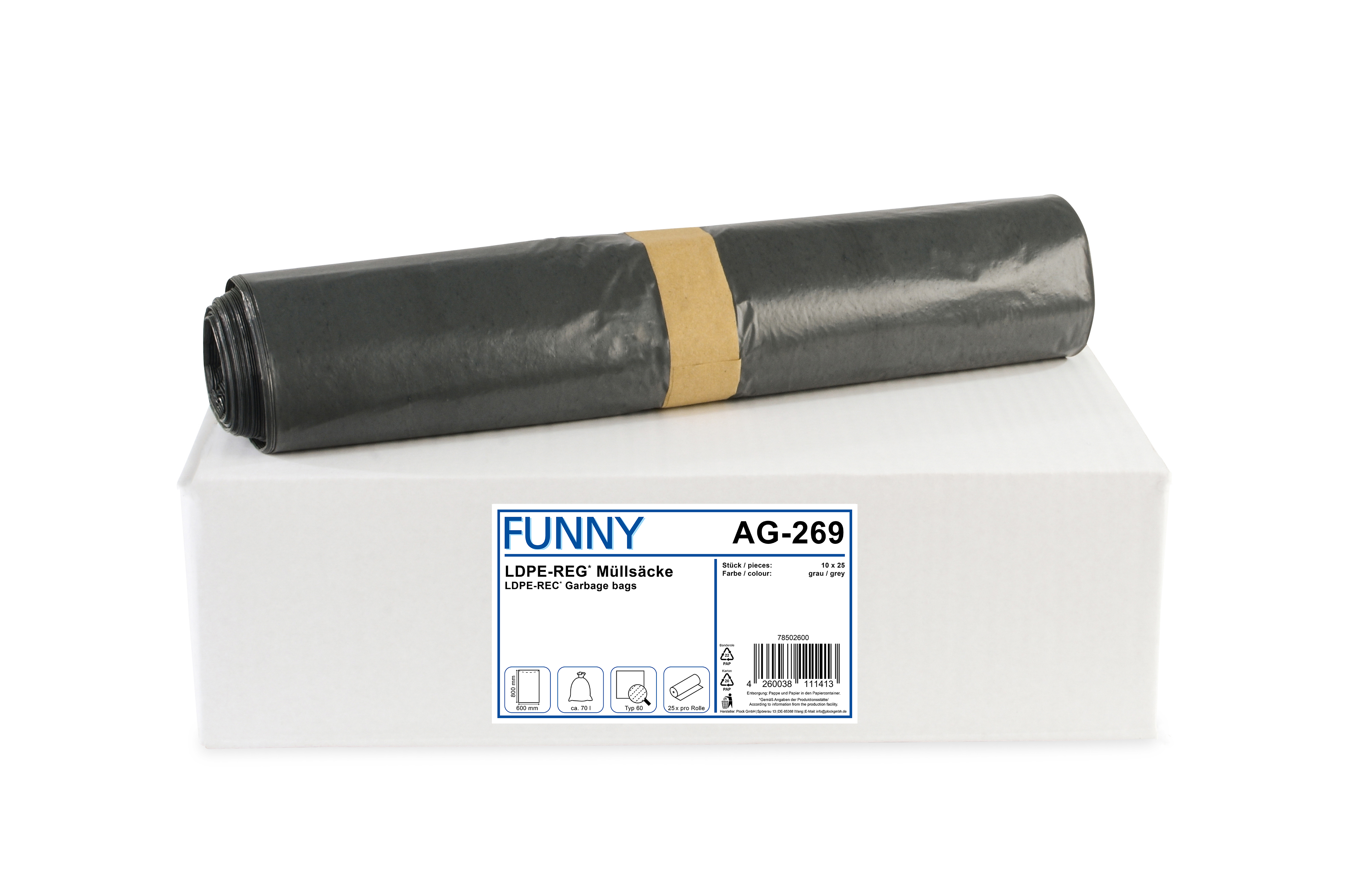 AG-269 LDPE-Regenerat Müllsäcke, grau, Typ 60, 70 l,600 x 800 mm, 10 Rollen à 25 Stück