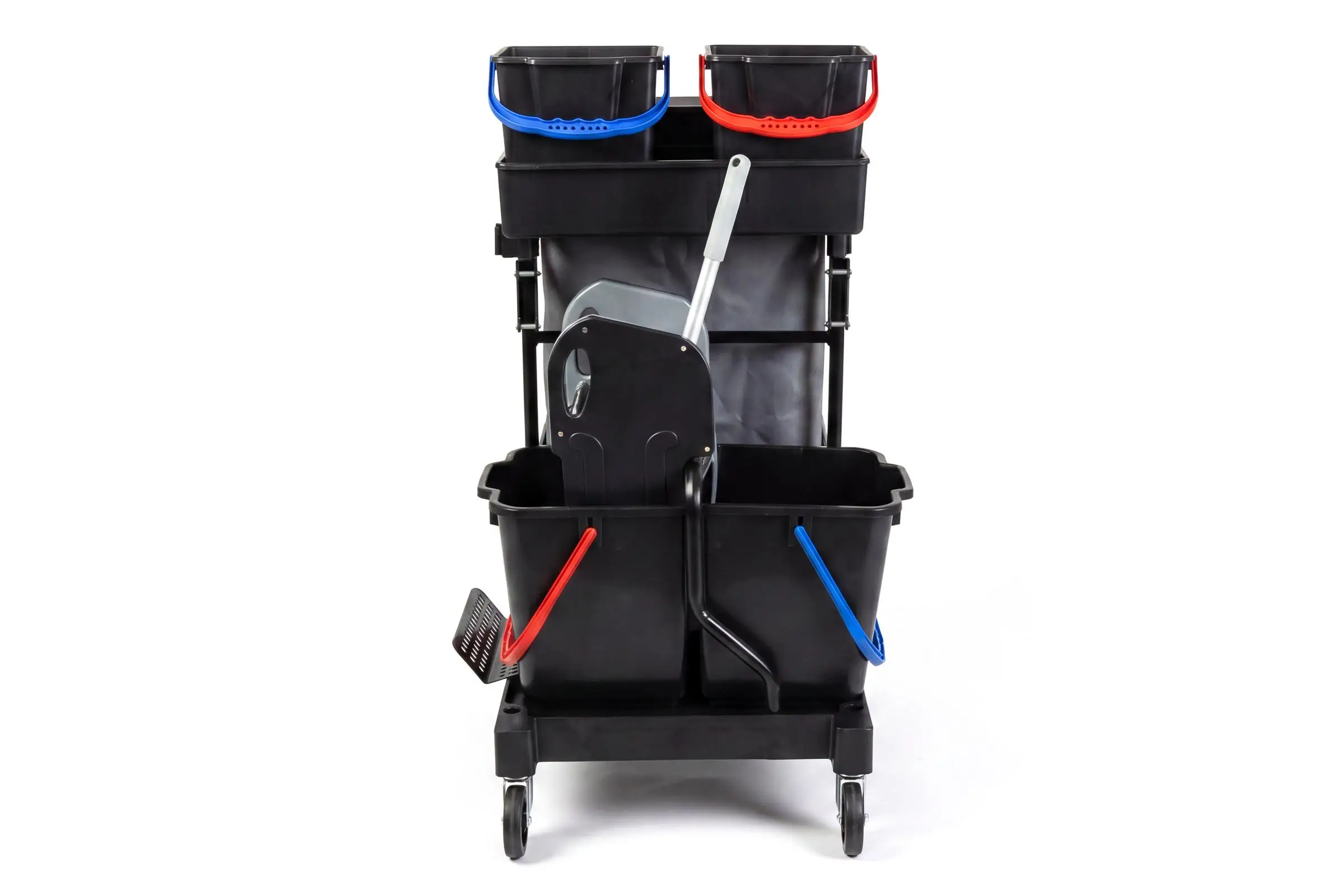 HY-2106 Reinigungswagen mit 2 x 6 l und 2 x 18 l Eimer, Mopp-Presse,Mophalterung + Ablage, Utensilbehälter, 120 l Abfallsackhalter mit Leinensack