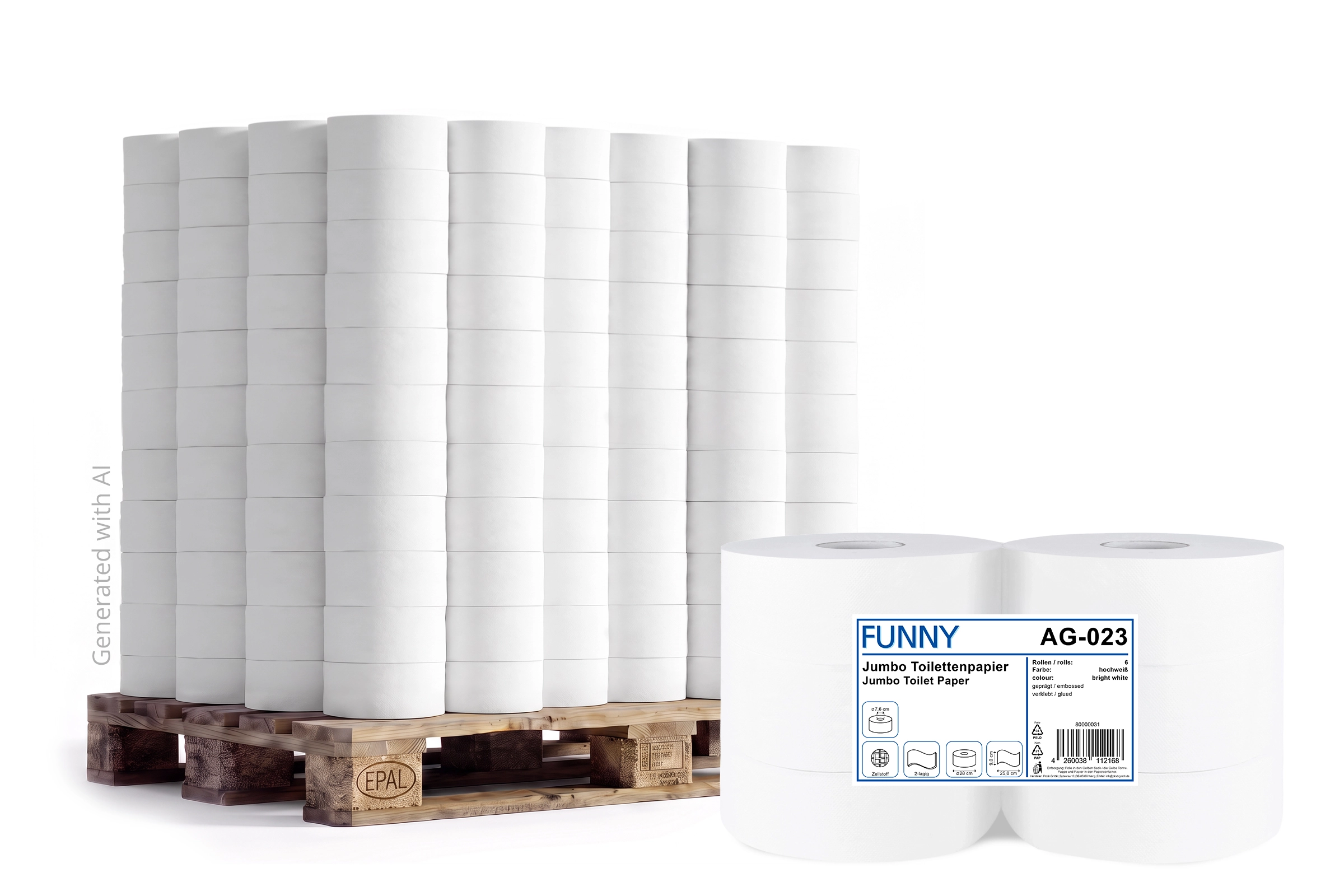 AG-023-42 Jumbo-Toilettenpapier MAXI, 2-lagig, Ø 28 cm, Zellstoff, 6 Rollen, Lieferumfang: 1 Palette = 42 VE x 6 Rollen