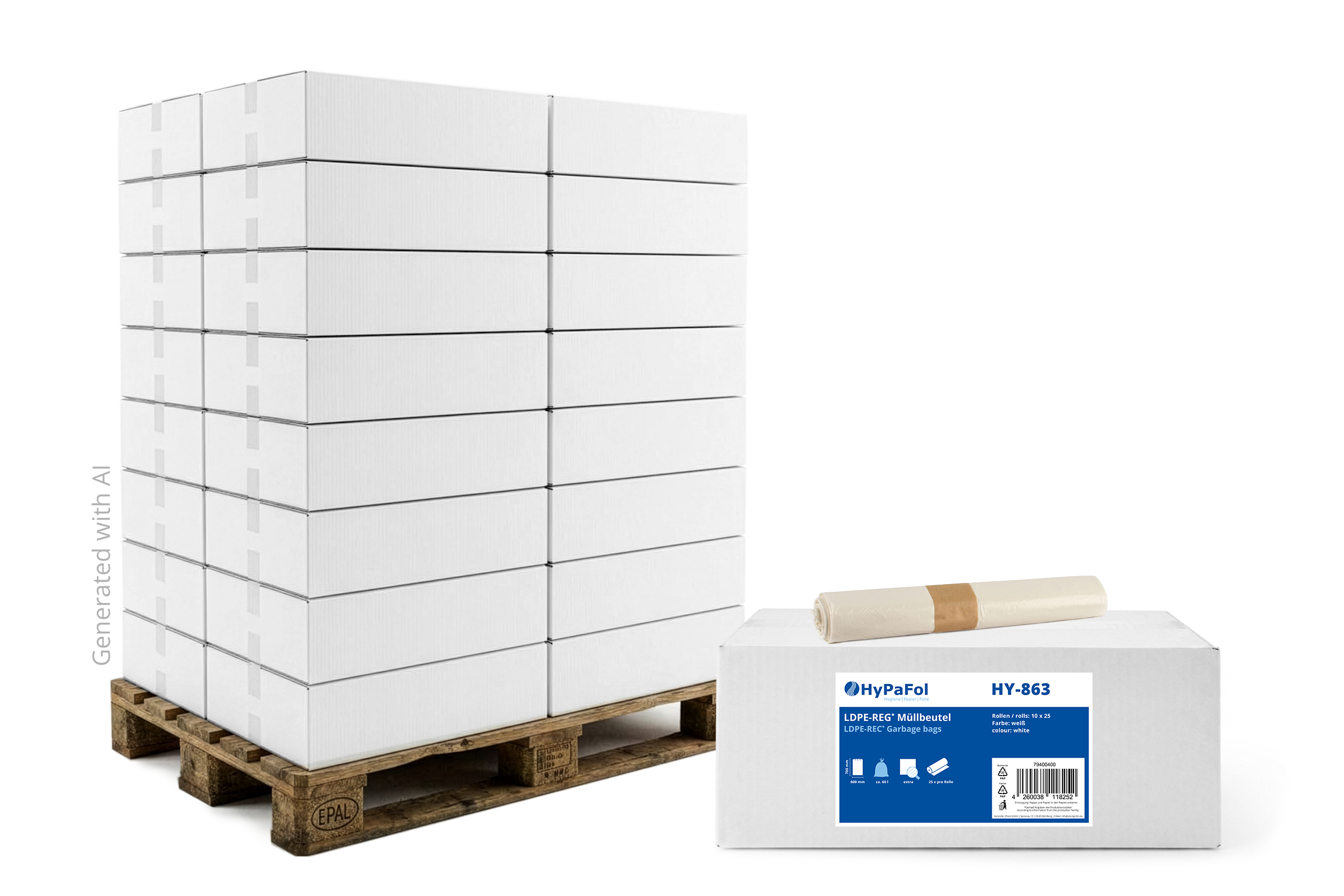HY-863-150 LDPE-Regenerat Müllbeutel, weiß extra, ca. 60 l, 600 x 700 mm, 250 Stück, Lieferumfang: 1 Palette = 150 VE x 10 Rollen x 25 Stück