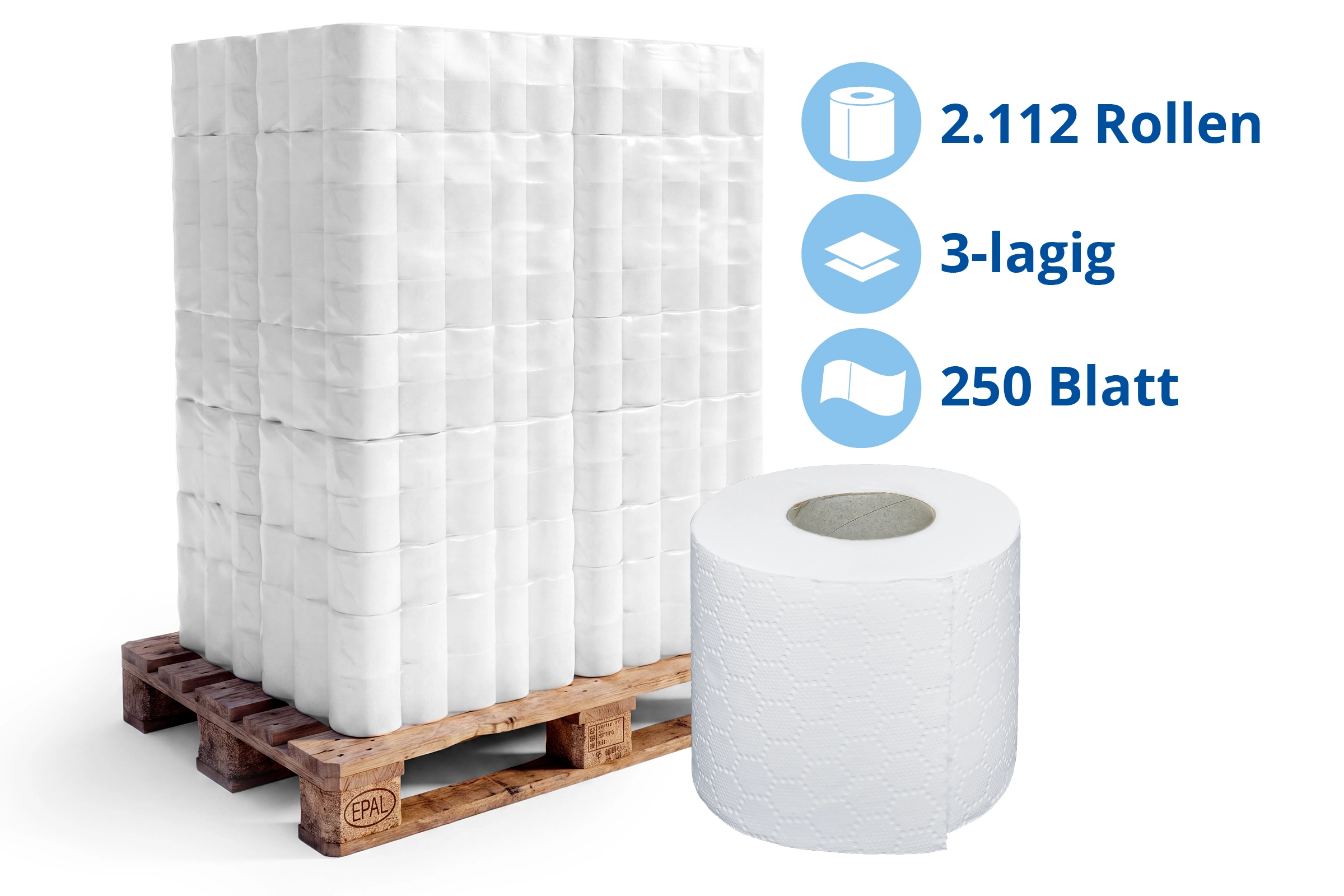 HY-77014-33 Toilettenpapier 3-lagig, 250 Blatt, Zellstoff weiß, 8 x 8 RollenLieferumfang: 1 Palette = 264 VE x 8 Rollen