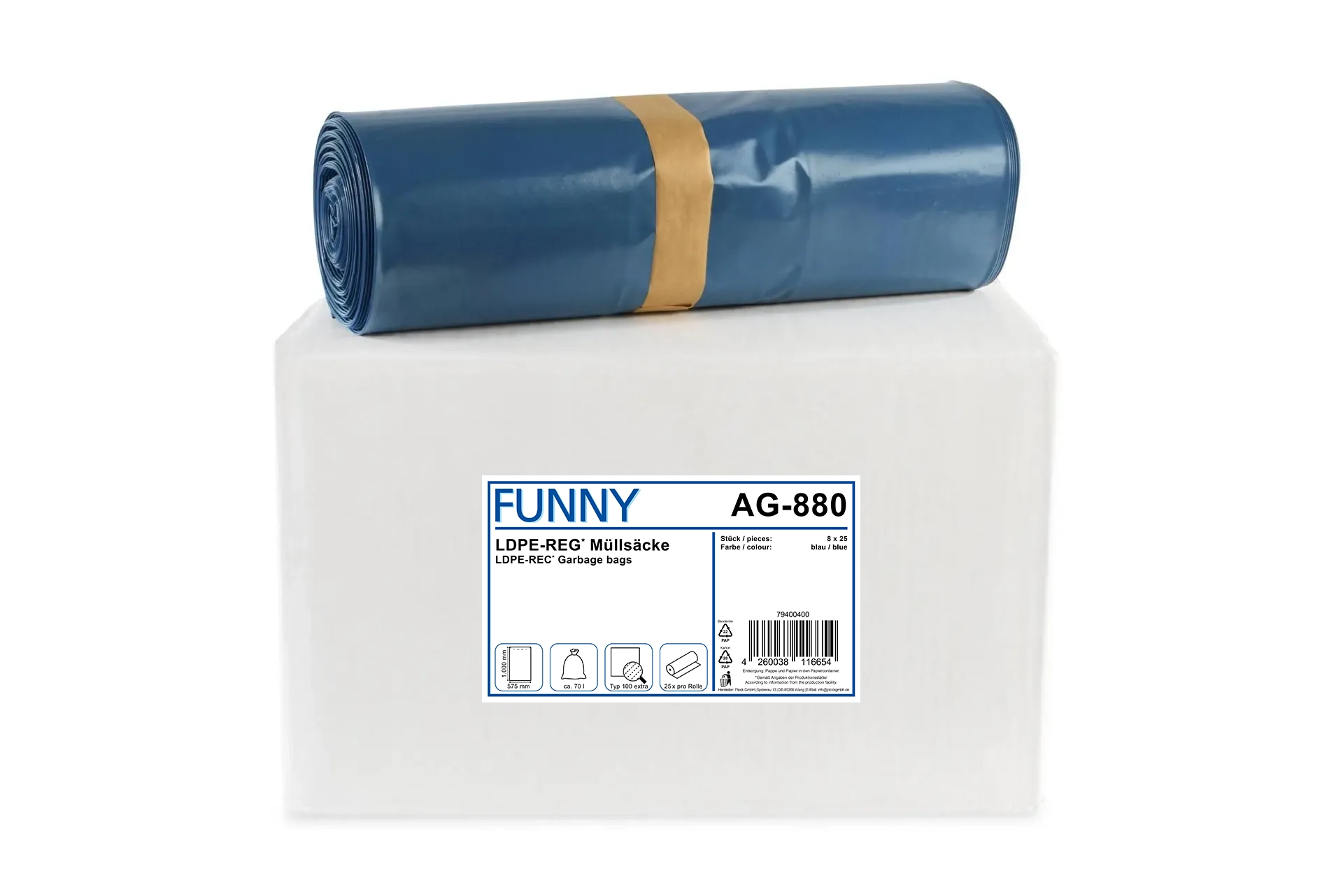 AG-880 LDPE-Regenerat Müllsäcke, blau, Typ 100 extra, 70 l,575 x 1.000 mm, 200 Stück