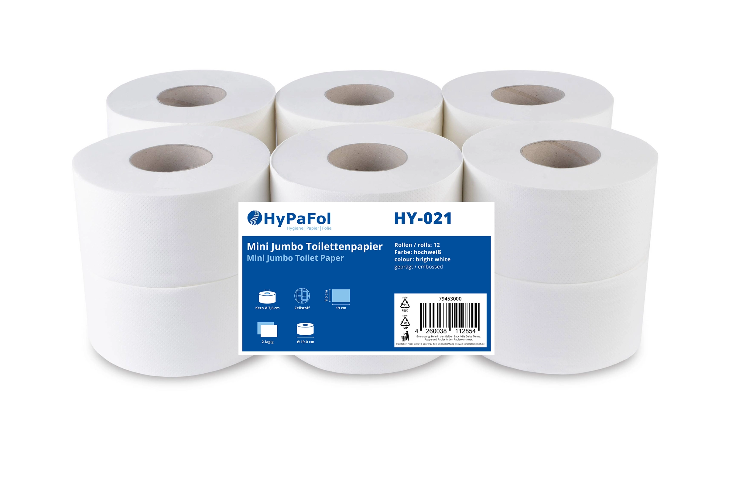 HY-021 Jumbo-Toilettenpapier, 2-lagig, Ø 19 cm, Zellstoff, 12 Rollen