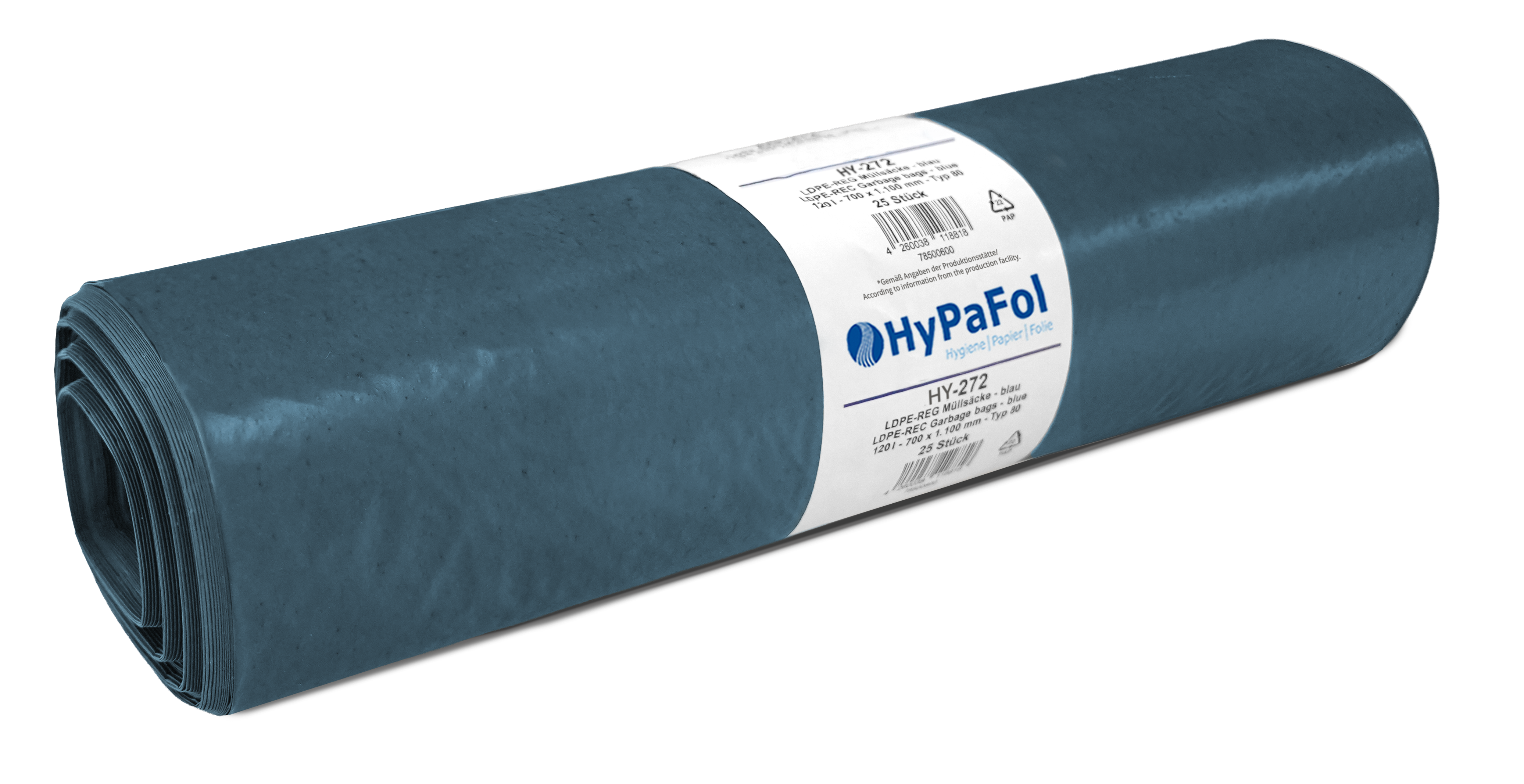 HY-272-5 LDPE-Reg. Müllsacke, blau, Typ 80, 120l, 700 x 1.100mm, 5 Rollen à 25 Stück