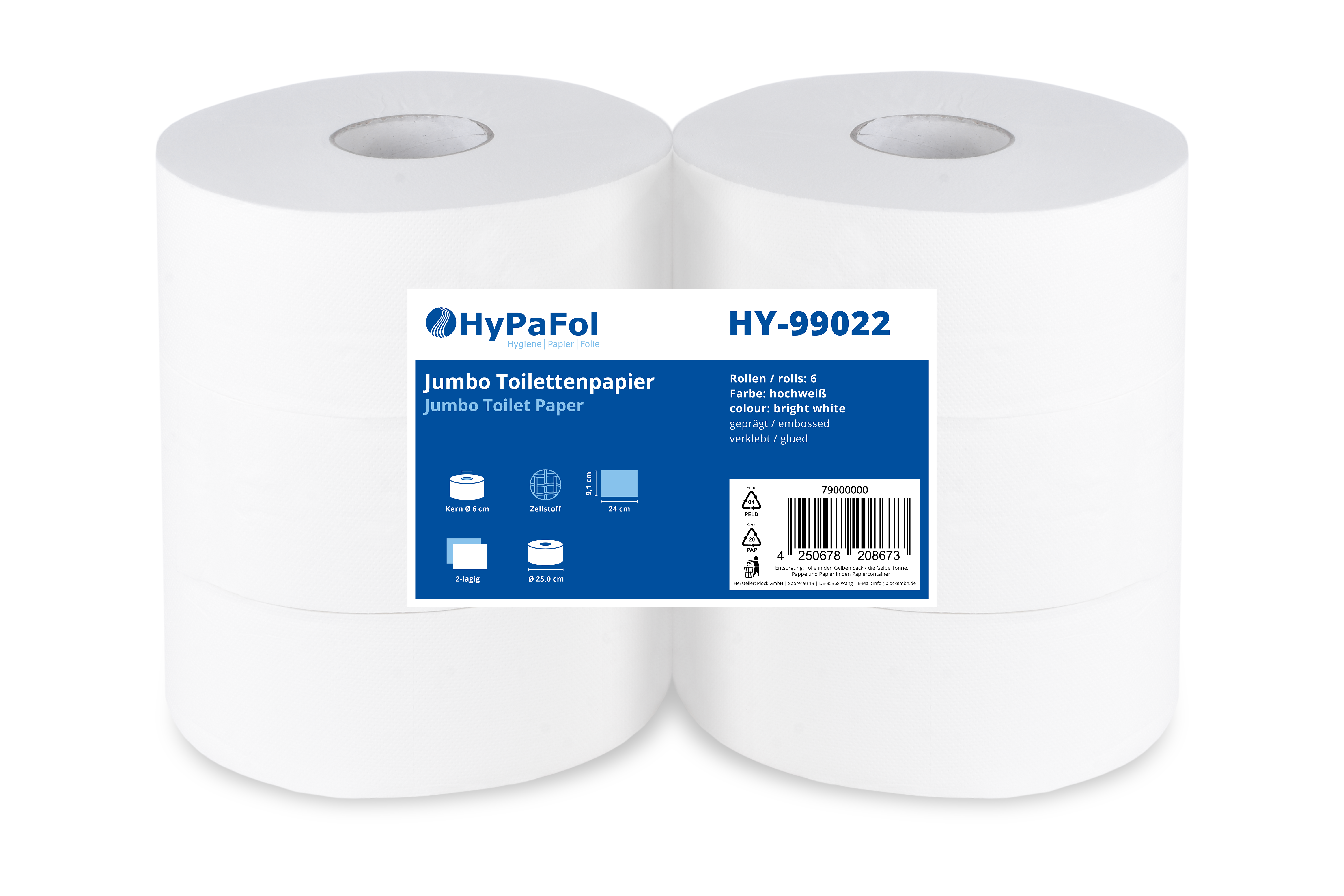 HY-99022 Jumbo-Toilettenpapier, 2-lagig, Zellstoff weiß, Ø 25 cm, 6 Rollen