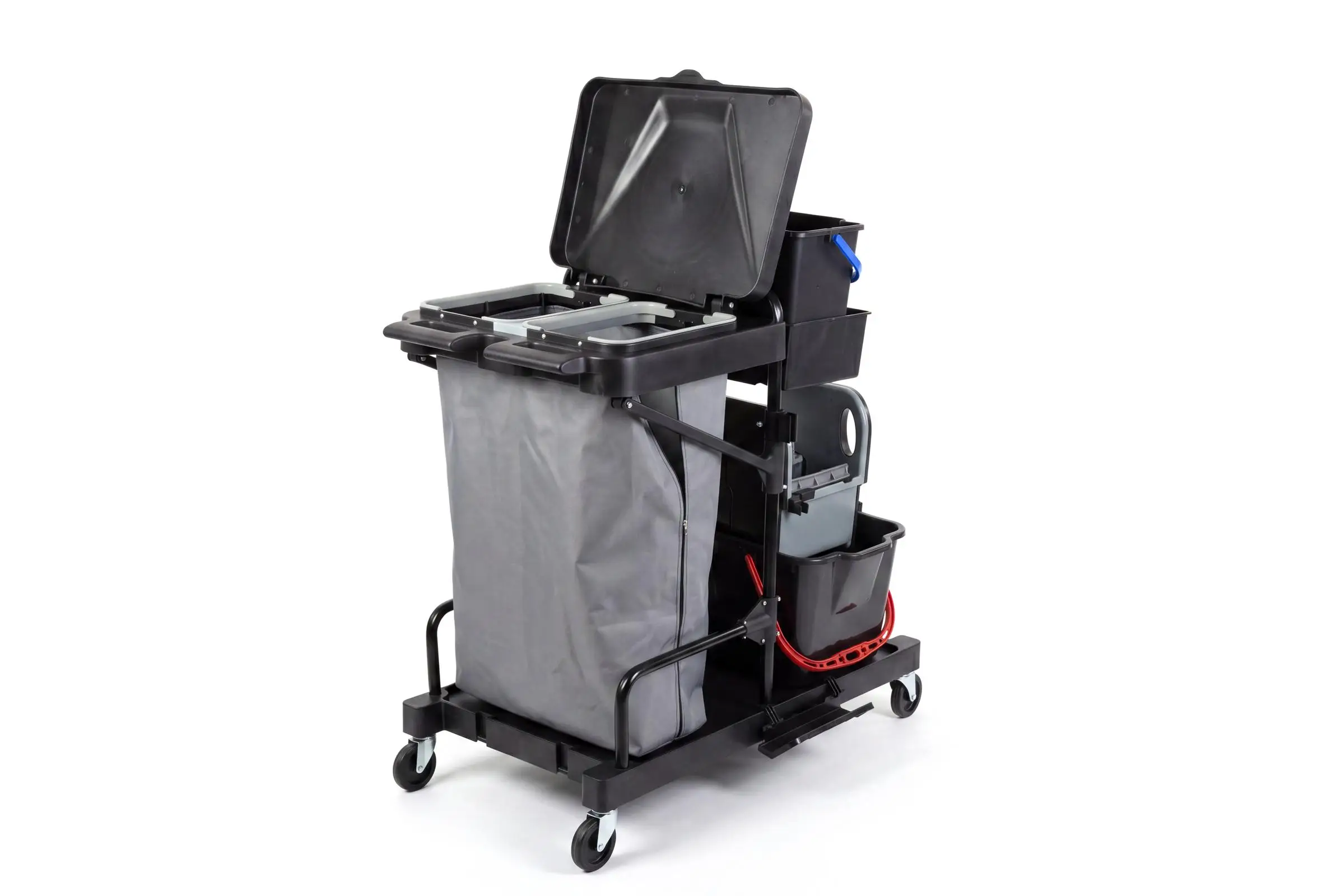HY-2106 Reinigungswagen mit 2 x 6 l und 2 x 18 l Eimer, Mopp-Presse,Mophalterung + Ablage, Utensilbehälter, 120 l Abfallsackhalter mit Leinensack