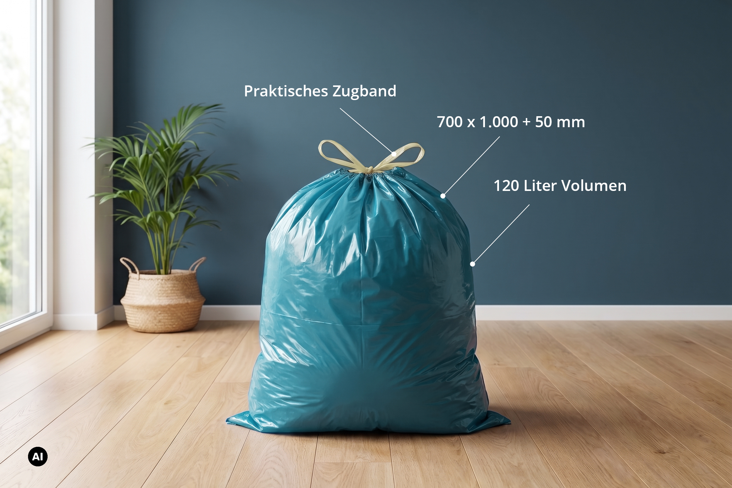 HY-879-5 LDPE-Reg. Zugbandsäcke, blau, Typ 60 extra, 120l, 700 x 1000+50 mm, 5 Rollen a 25 Stück