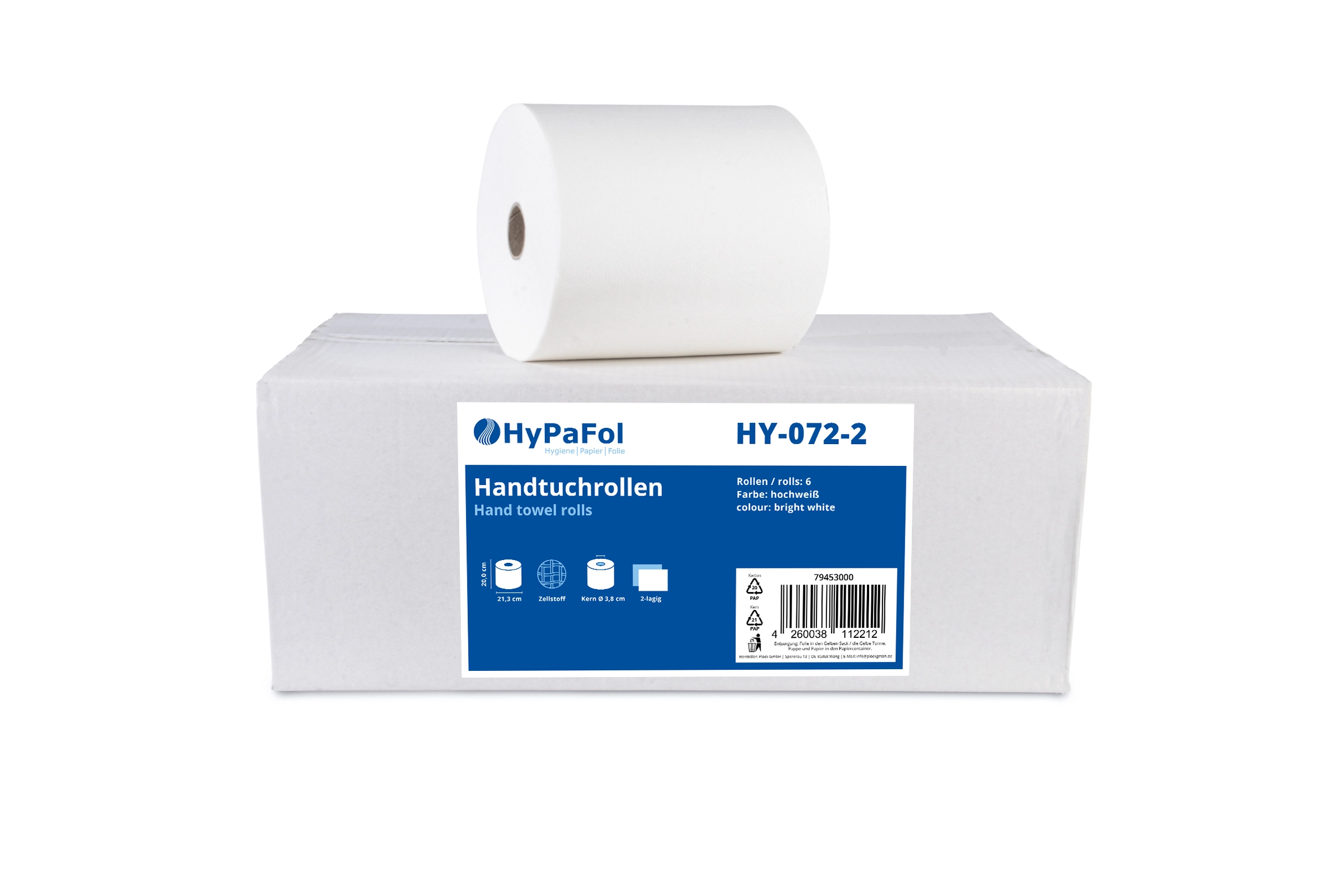 HY-072-2 Handtuchrolle Autocut 21 cm,  2-lagig, Ø 19 cm,Zellstoff hochweiß, 6 Rollen