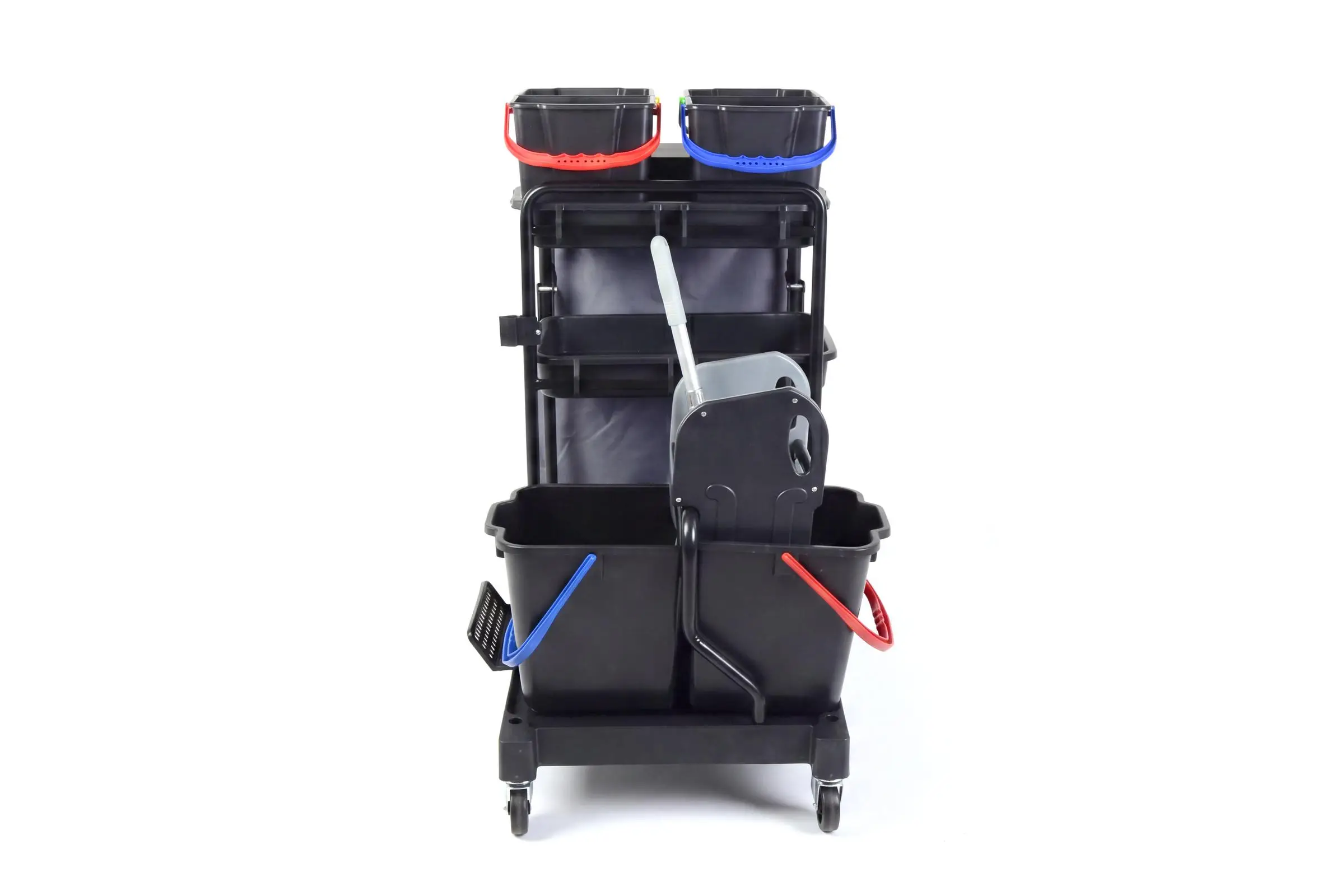 HY-2107 Reinigungswagen mit 4 x 6 l und 2 x 18 l Eimer, Mopp-PresseMophalterung + Ablage, Utensilbehälter, 100l Leinentasche