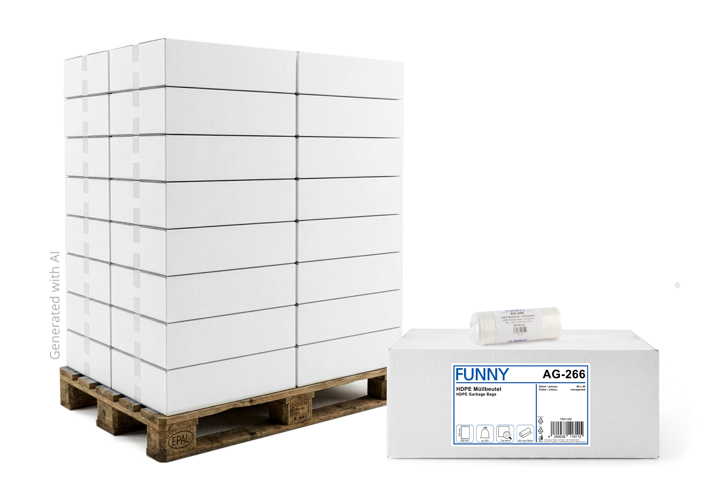 AG-266-60 HDPE Müllbeutel, extra, natur, 60 l, 630 x 740 mm, 40 Rollen à 50 Stück, Lieferumfang: 1 Palette = 60 VE x 40 Rollen x 50 Stück