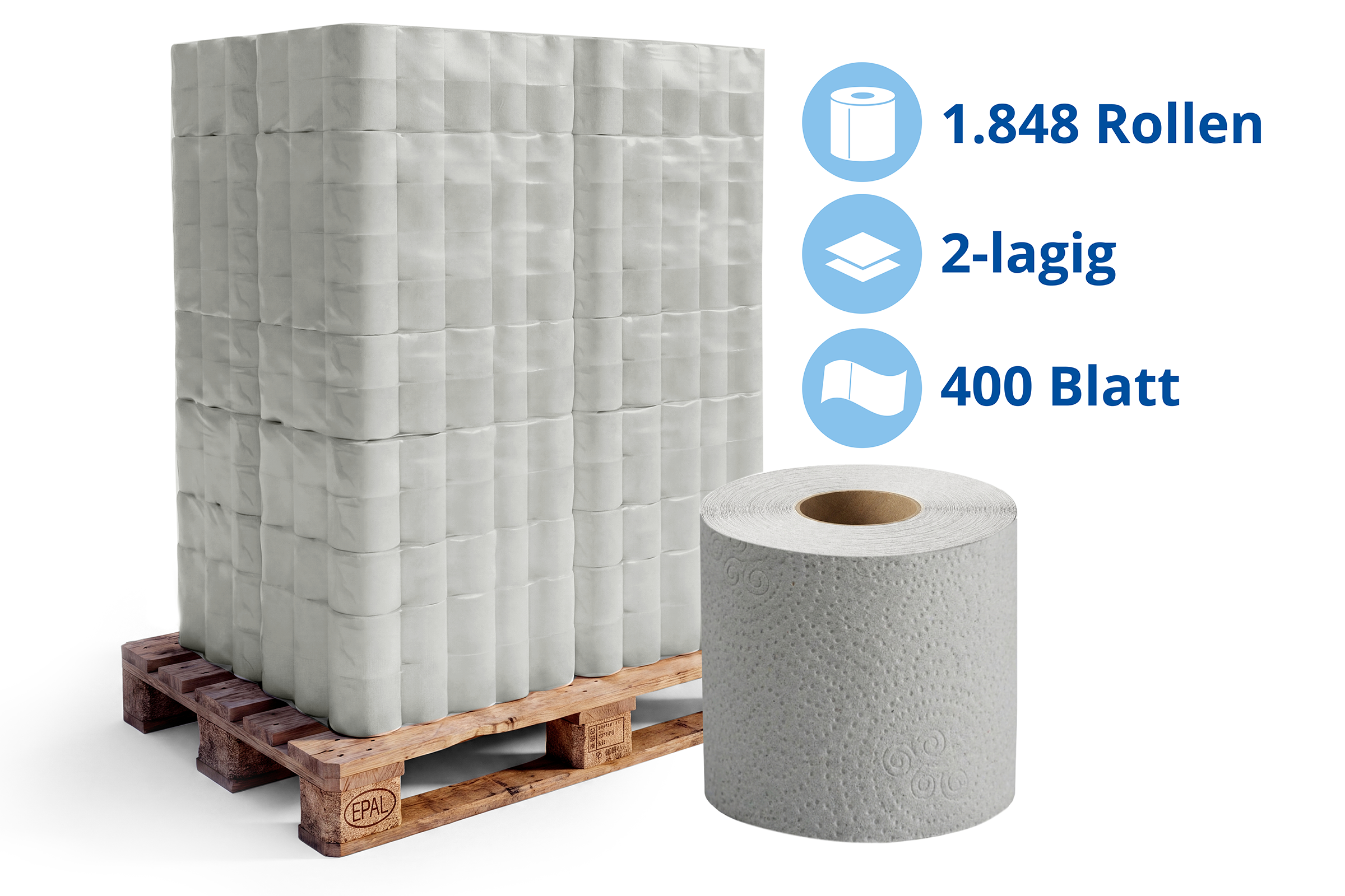 HY-88035-33 Toilettenpapier 2-lagig, 400 Blatt, Recycling grau, 7 x 8 RollenLieferumfang: 1 Palette = 33 VE = 231 x 8 Rollen