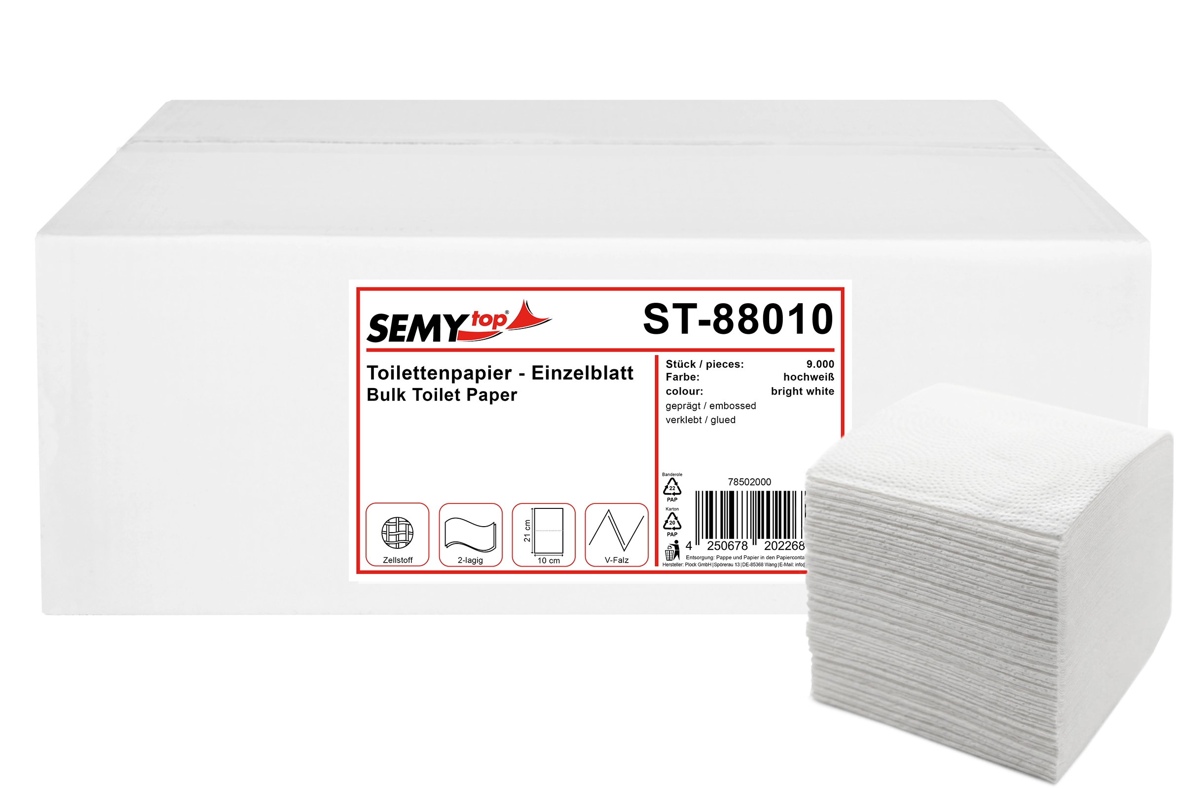 ST-88010 Toilettenpapier Einzelblatt, 2-lagig, 10 x 22 cm, hochweiß,9.000 Blatt