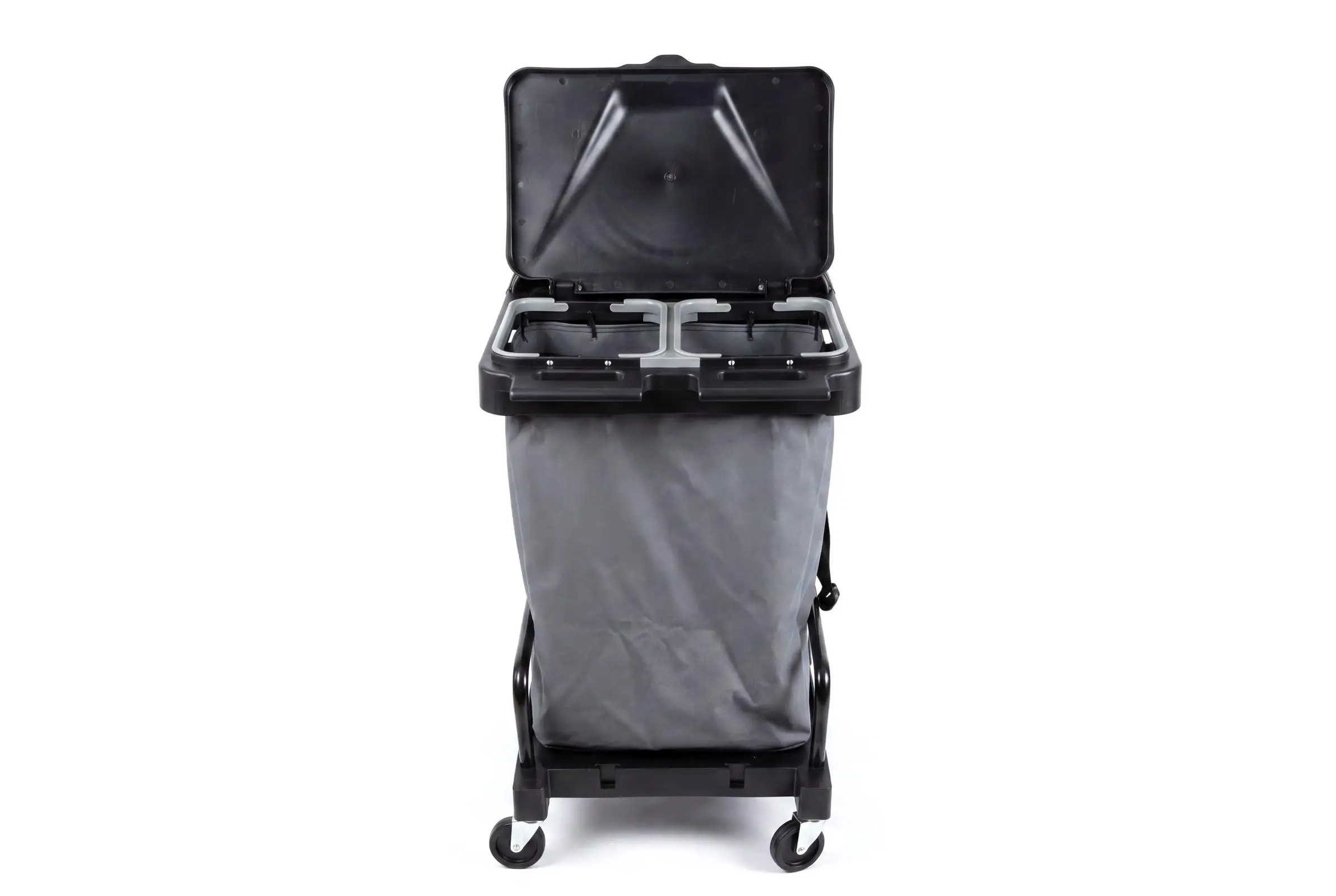 HY-2106 Reinigungswagen mit 2 x 6 l und 2 x 18 l Eimer, Mopp-Presse,Mophalterung + Ablage, Utensilbehälter, 120 l Abfallsackhalter mit Leinensack