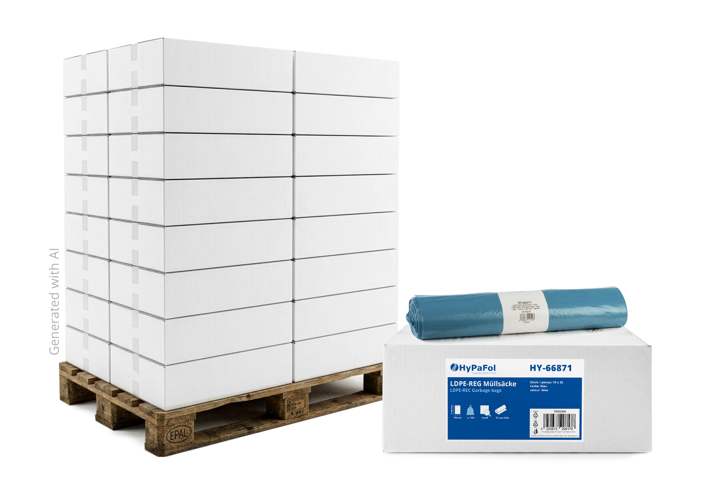 HY-66871-80 LDPE-Regenerat Müllsäcke, blau, Typ 60, 120 l, 700  x 1.100 mm, 250 Stück, Lieferumfang: 1 Palette = 80 VE x 10 Rollen x 25 Stück