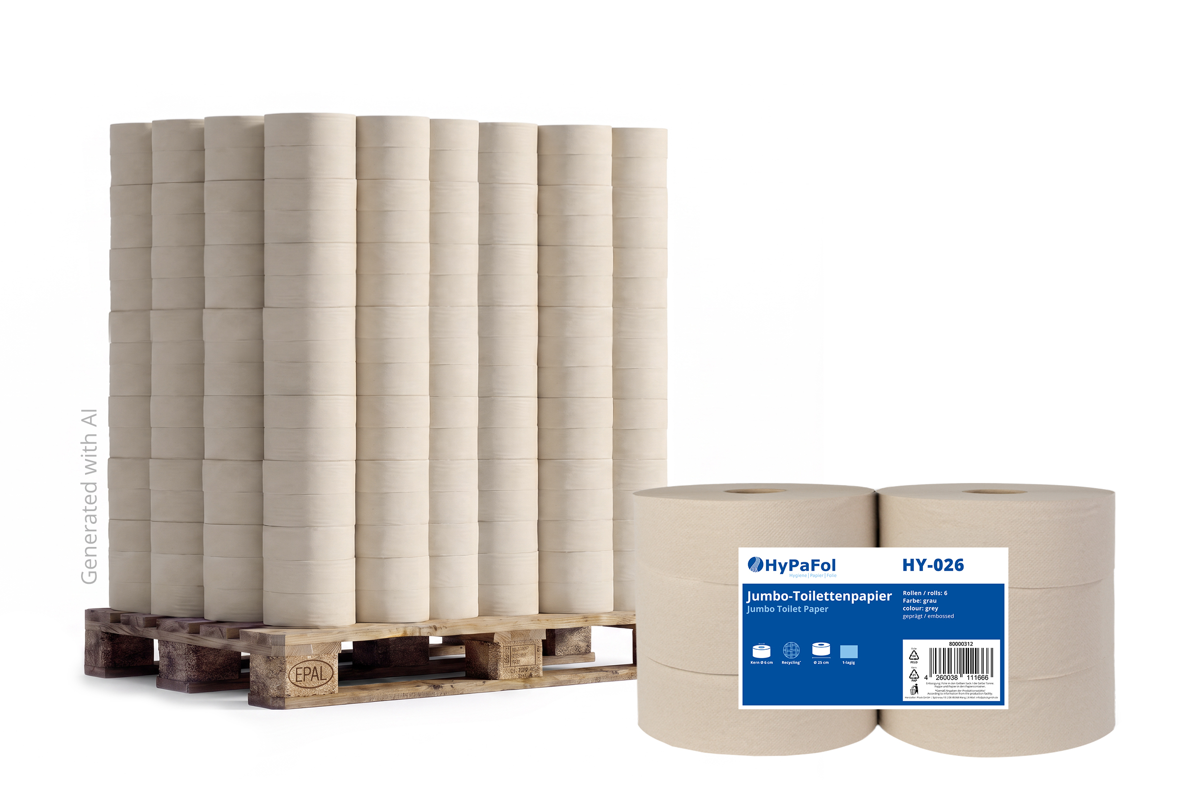 HY-026-49 Jumbo-Toilettenpapier, 1-lagig, Ø 25 cm, Recycling grau, 6 Rollen, Lieferumfang: 1 Palette = 49 VE x 6 Rollen