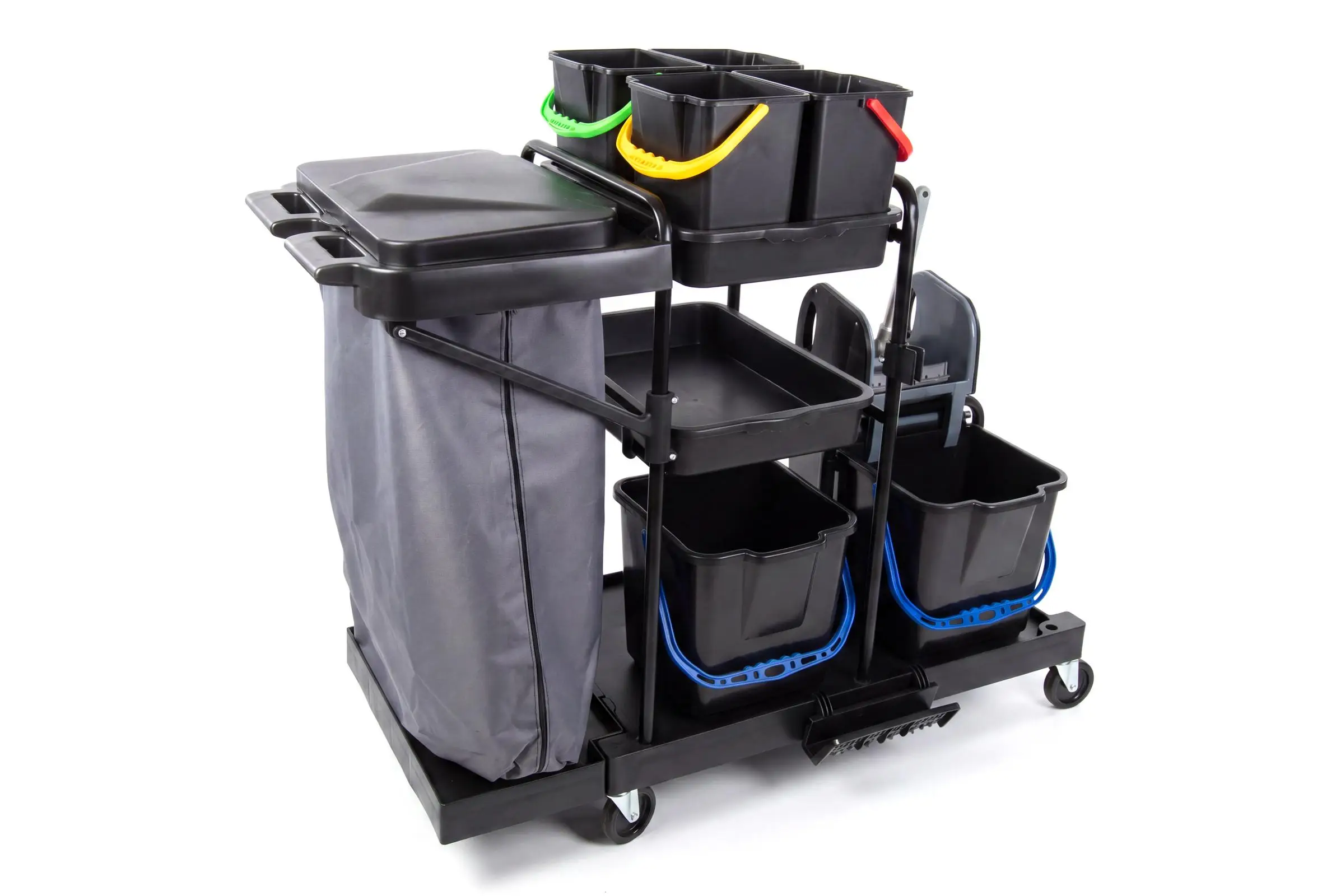 HY-2107 Reinigungswagen mit 4 x 6 l und 2 x 18 l Eimer, Mopp-PresseMophalterung + Ablage, Utensilbehälter, 100l Leinentasche
