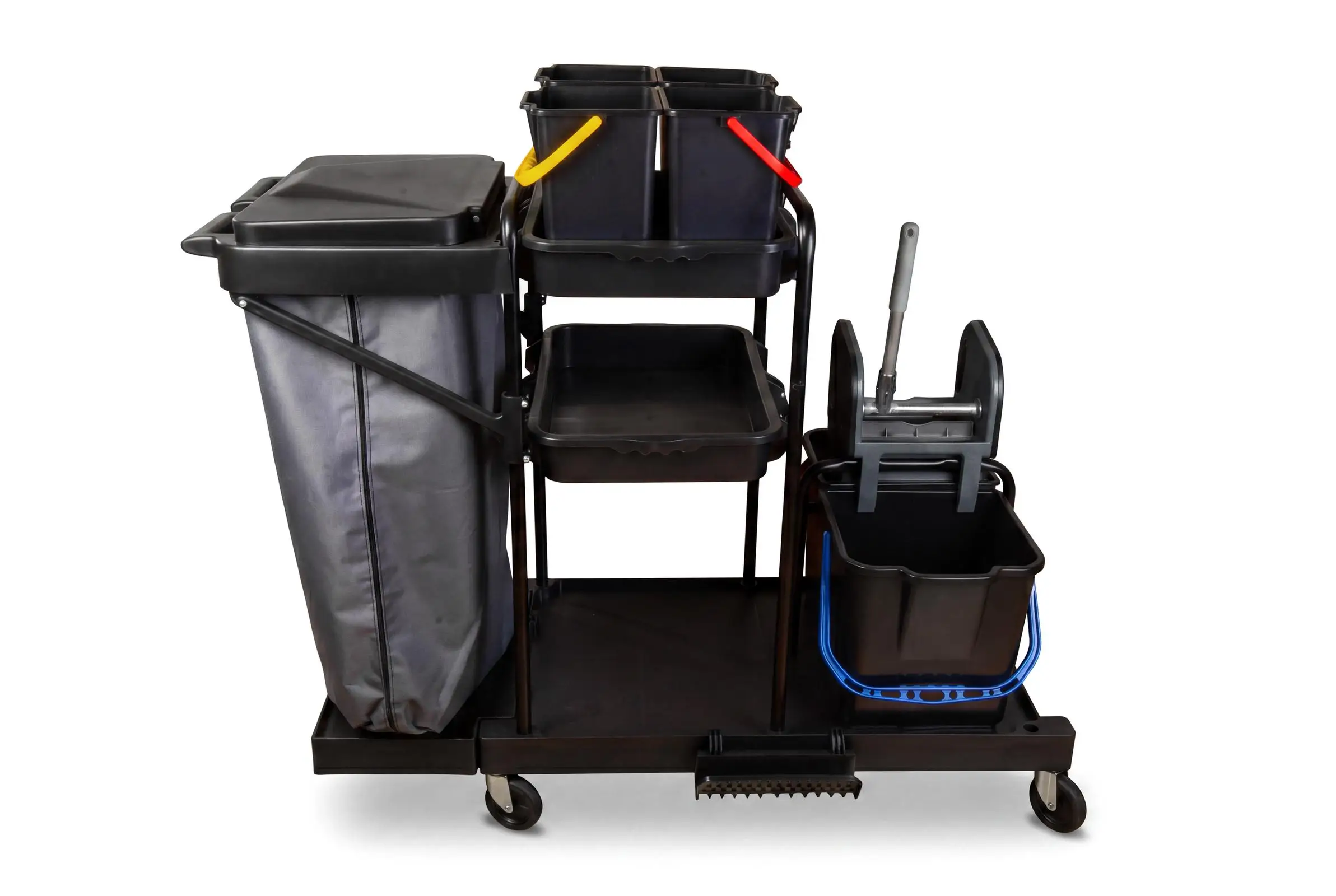 HY-2107 Reinigungswagen mit 4 x 6 l und 2 x 18 l Eimer, Mopp-PresseMophalterung + Ablage, Utensilbehälter, 100l Leinentasche