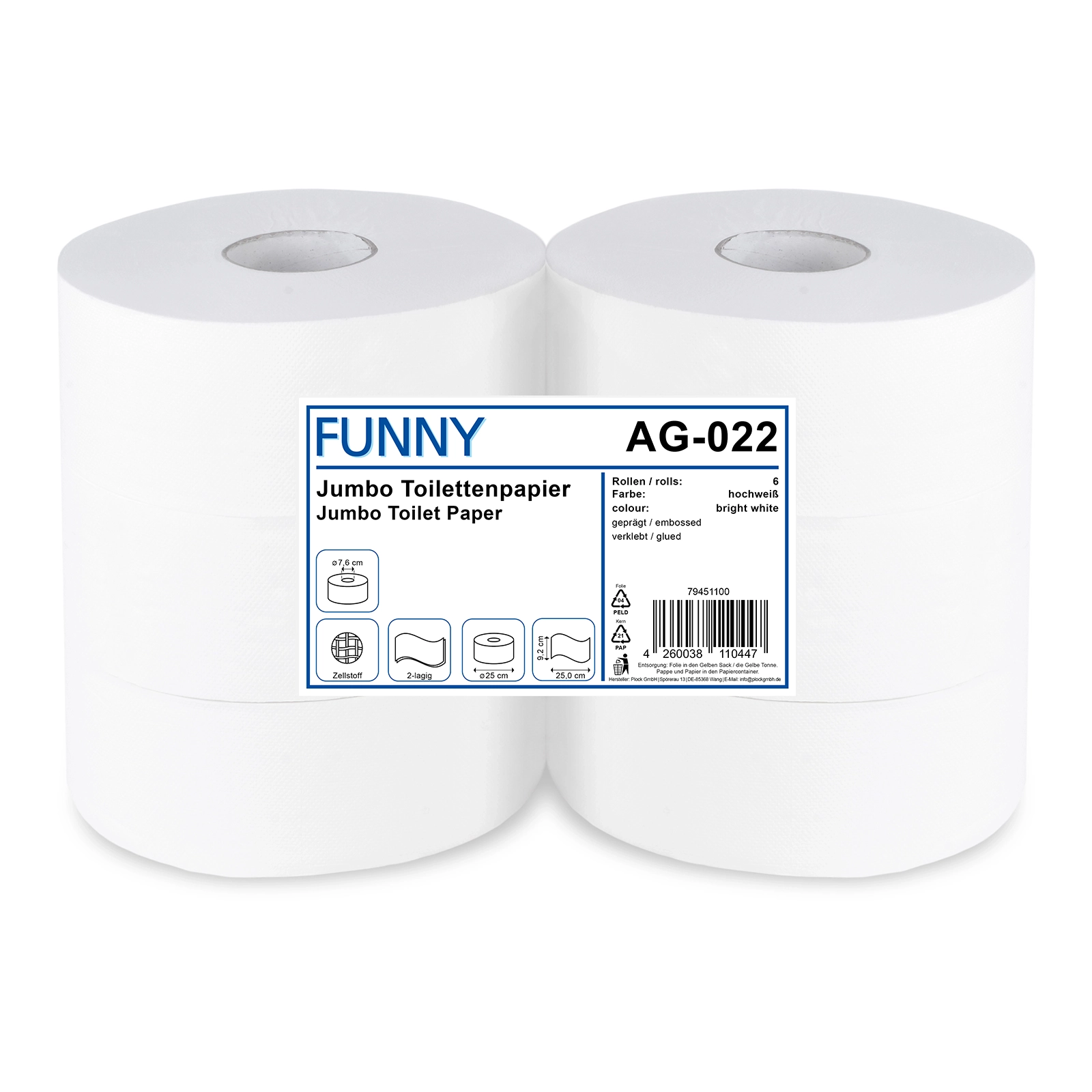 AG-022 Jumbo-Toilettenpapier, 2-lg., Ø 25 cm, Zellstoff, 6 Rollen