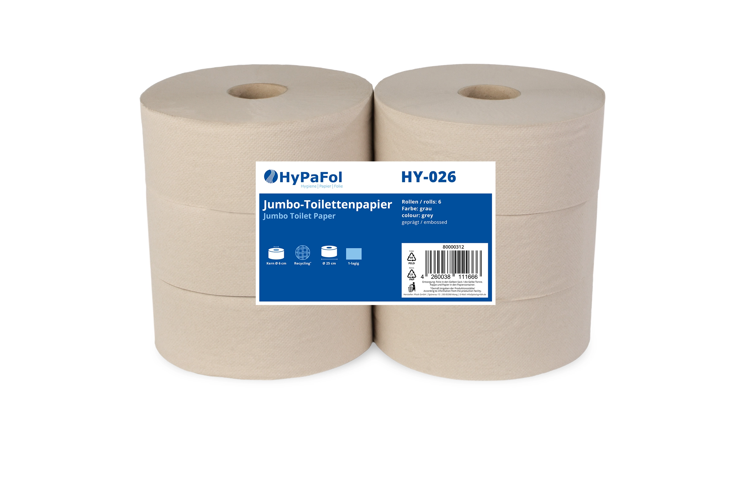 HY-026 Jumbo-Toilettenpapier, 1-lagig, Ø 25 cm, Recycling grau, 6 Rollen