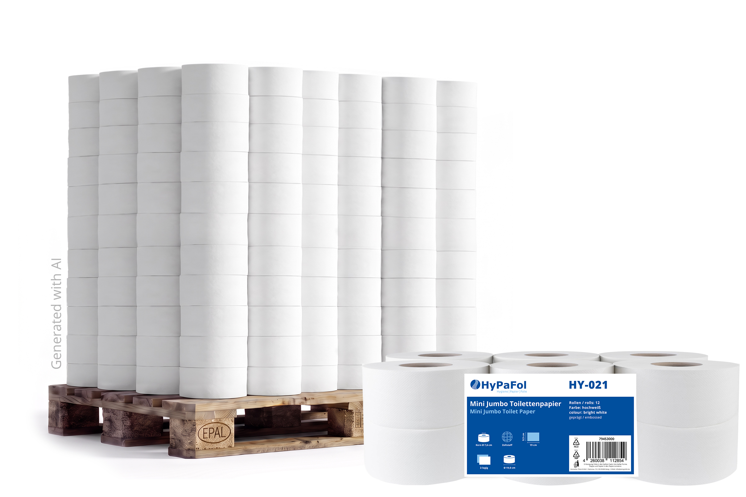 HY-021-44 Jumbo-Toilettenpapier, 2-lagig, Ø 19 cm, Zellstoff, 12 Rollen, Lieferumfang: 1 Palette = 44 VE x 12 Rollen