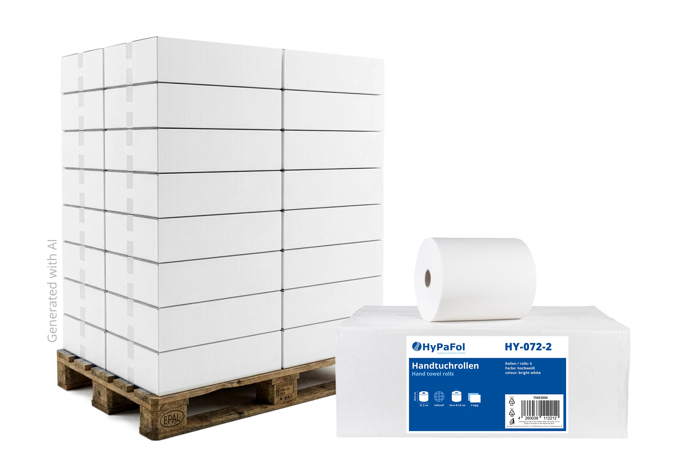 HY-0722-36 Handtuchrolle Autocut 21 cm,  2-lagig, Ø 19 cm, Zellstoff weiß, 6 Rollen, Lieferumfang: 1 Palette = 36 VE x 6 Rollen