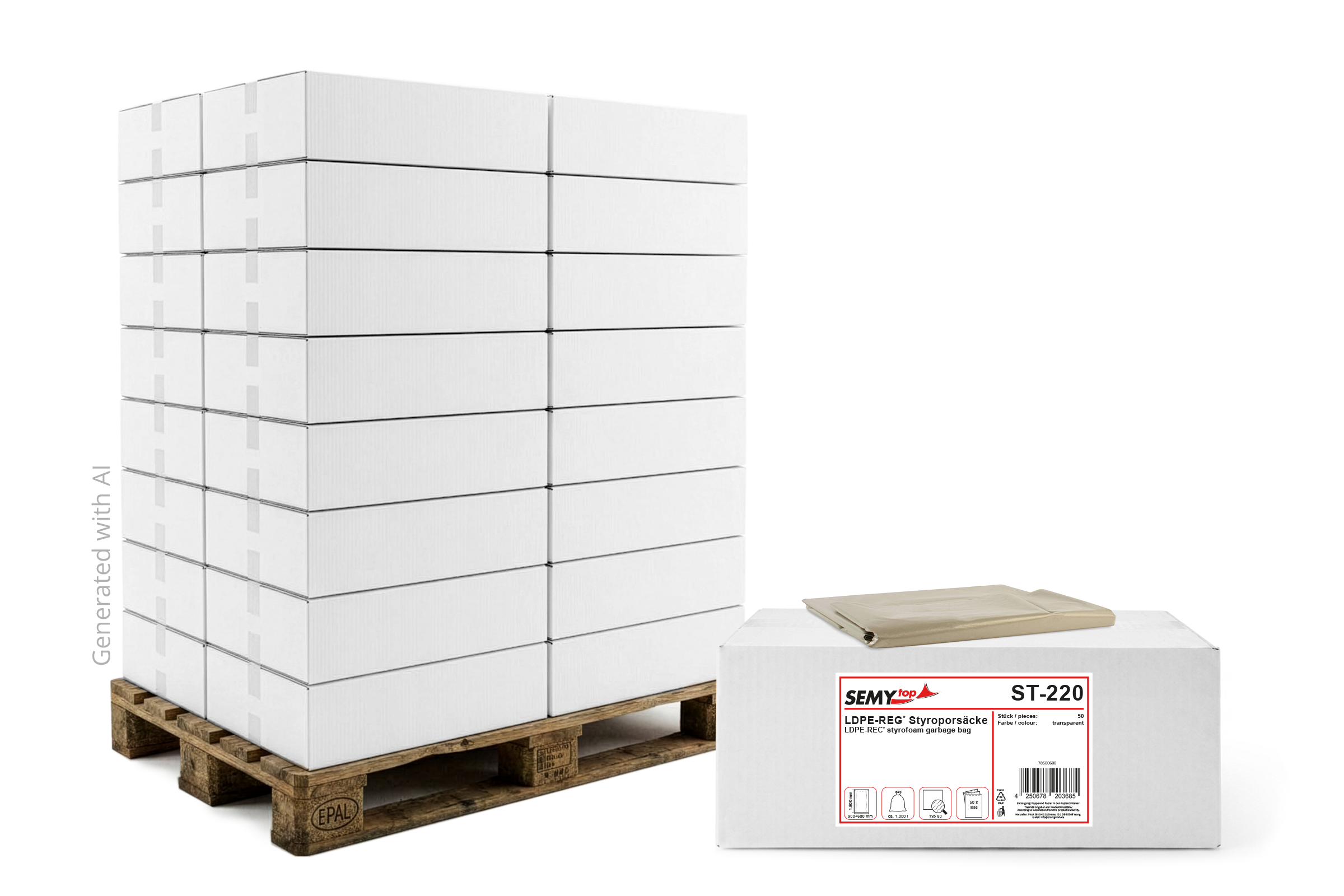 ST-220-36 LDPE-Regenerat Styroporsäcke, transparent, Typ 80, ca. 1.000 l, 900+600 x1.800 mm, 50 Stück, Lieferumfang: 1 Palette = 36 VE x 50 Stück