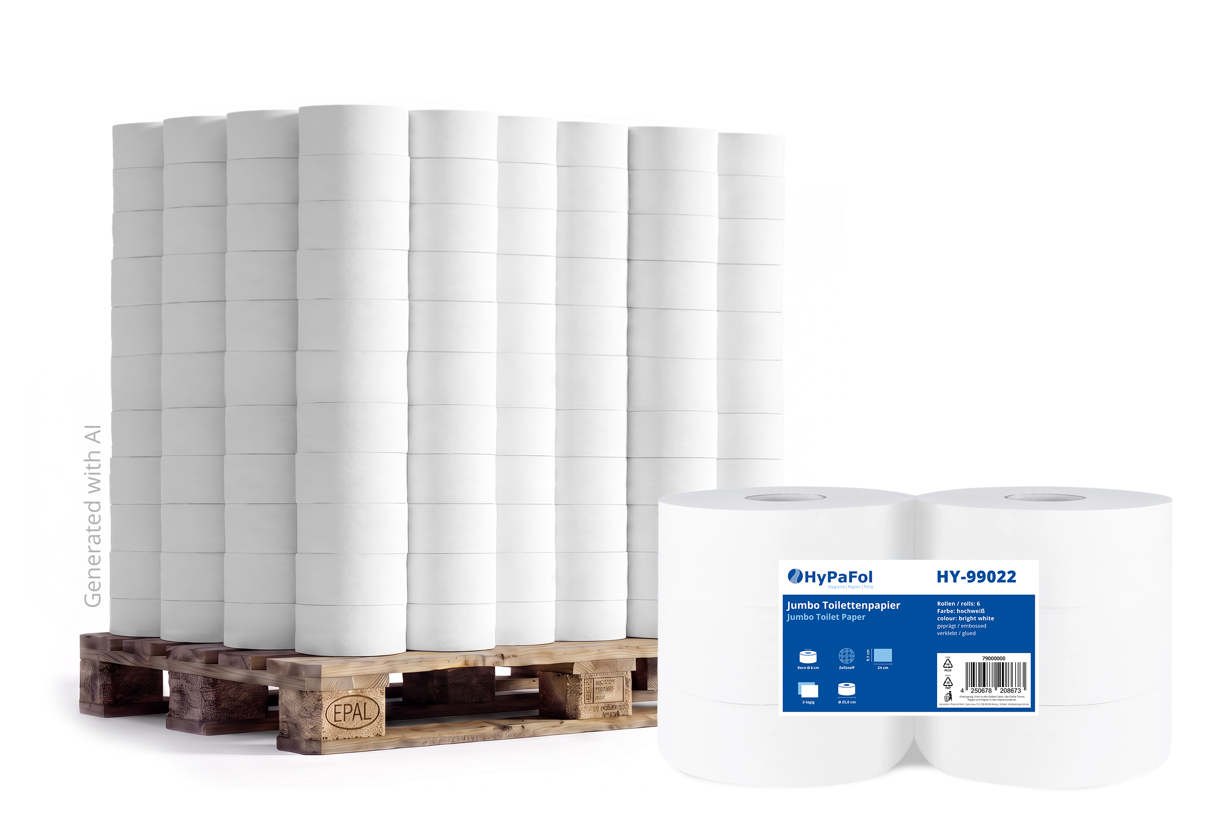 HY-99022-49 Jumbo-Toilettenpapier, 2-lagig, Zellstoff weiß, Ø 25 cm, 6 Rollen, Lieferumfang: 1 Palette = 49 VE x 6 Rollen