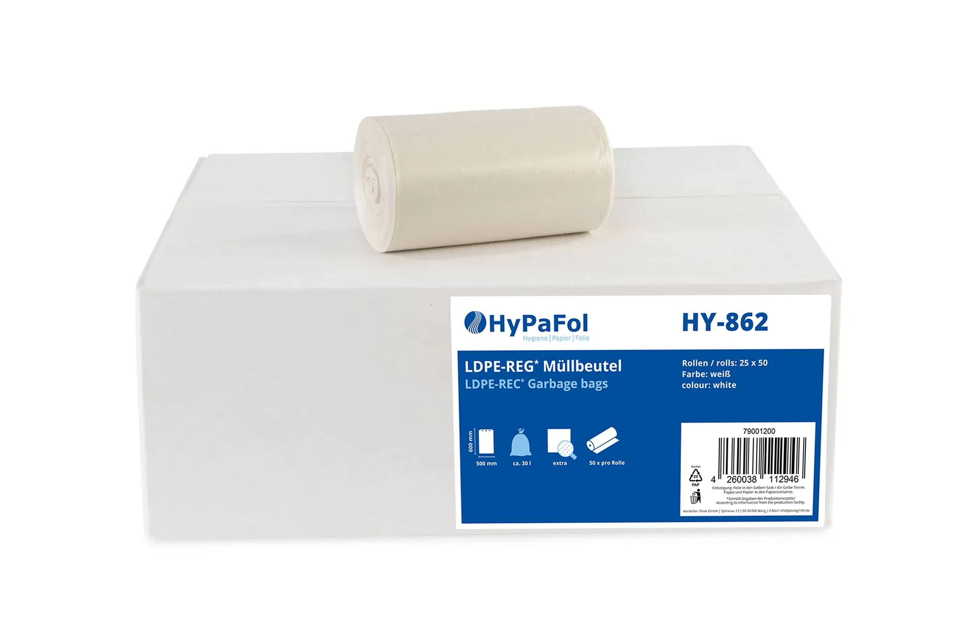 AG-862 LDPE-Regenerat Müllbeutel, weiß extra, ca. 30 l, 500 x 600 mm, 1.250 Stück