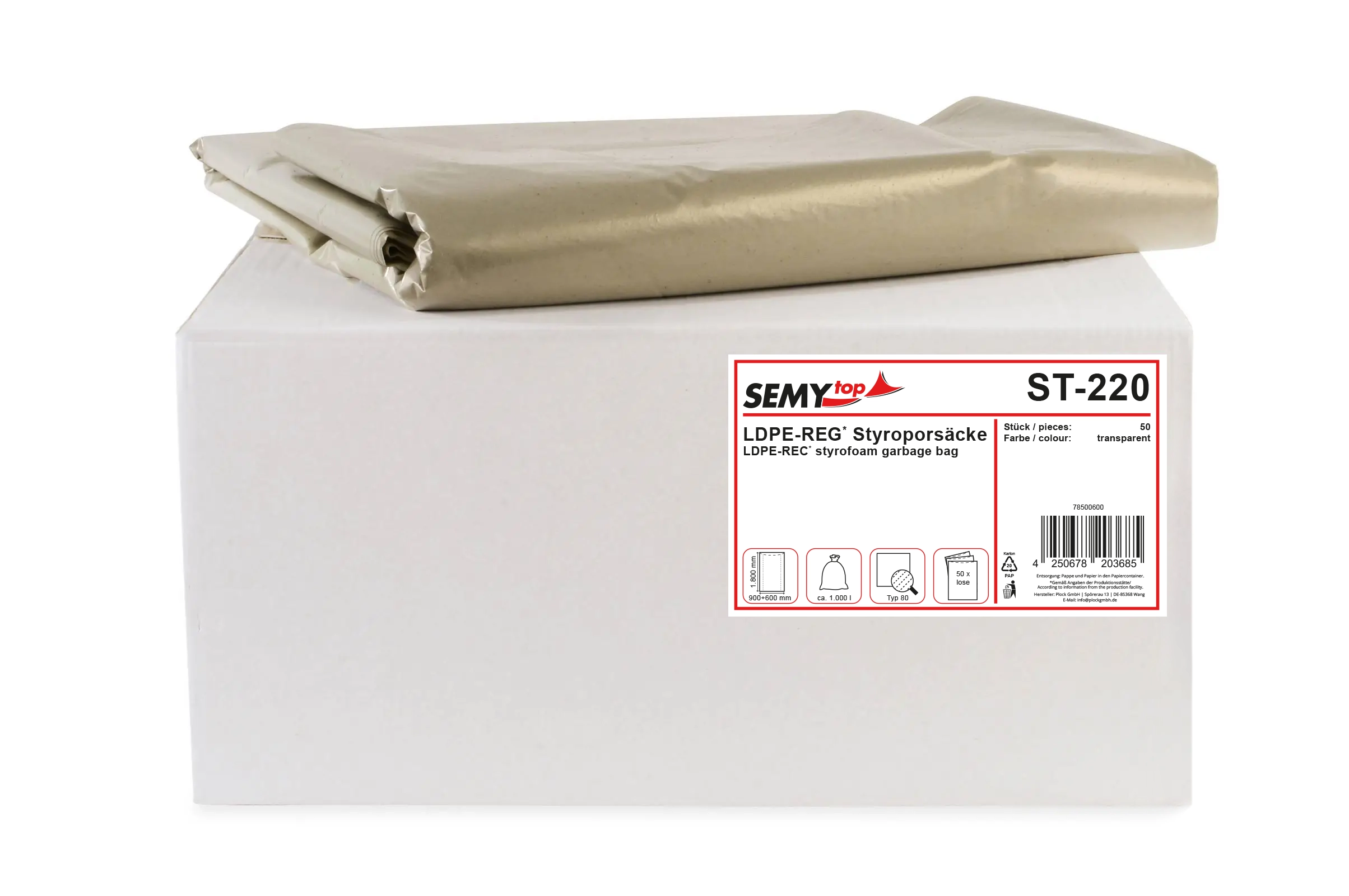 ST-220 LDPE-Regenerat Styroporsäcke, transparent, Typ 80, ca. 1.000 l,900+600 x 1.800 mm, 50 Stück